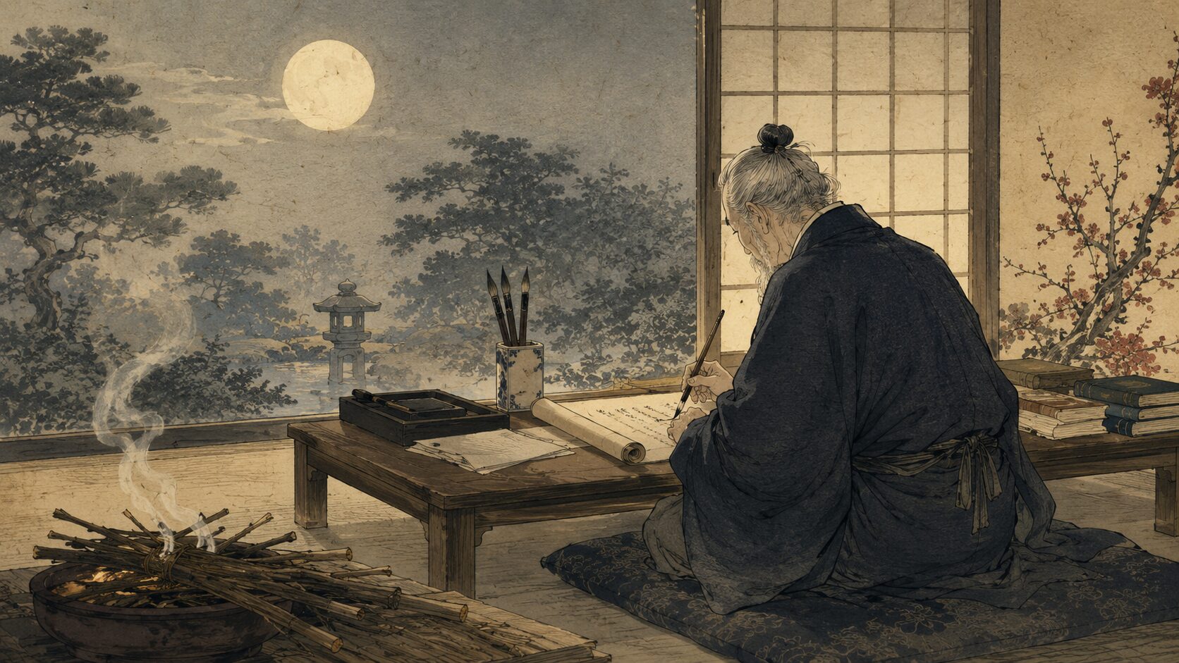後世に言い残す思いを込めて『折たく柴の記』を書く文人の和風イラスト