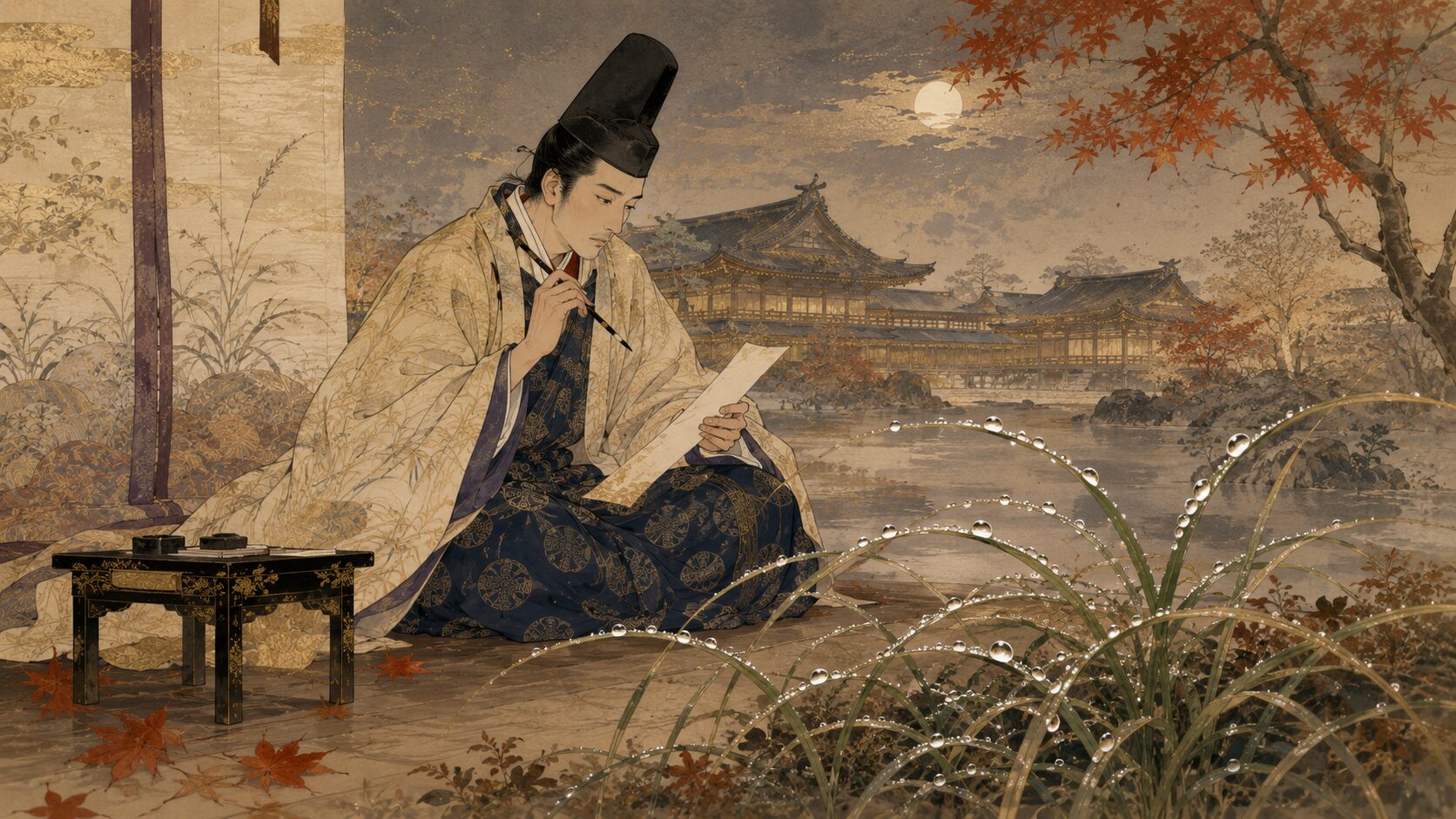 百人一首「契りおきし」に込められた約束と失望を表す秋の和風イラスト