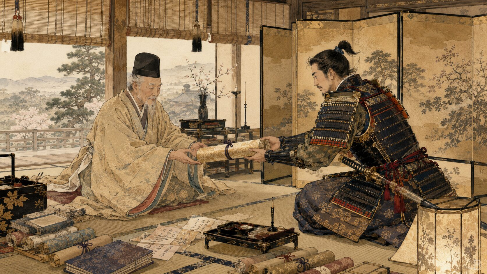 平忠度が藤原俊成に和歌の巻物を託す都落ちの場面