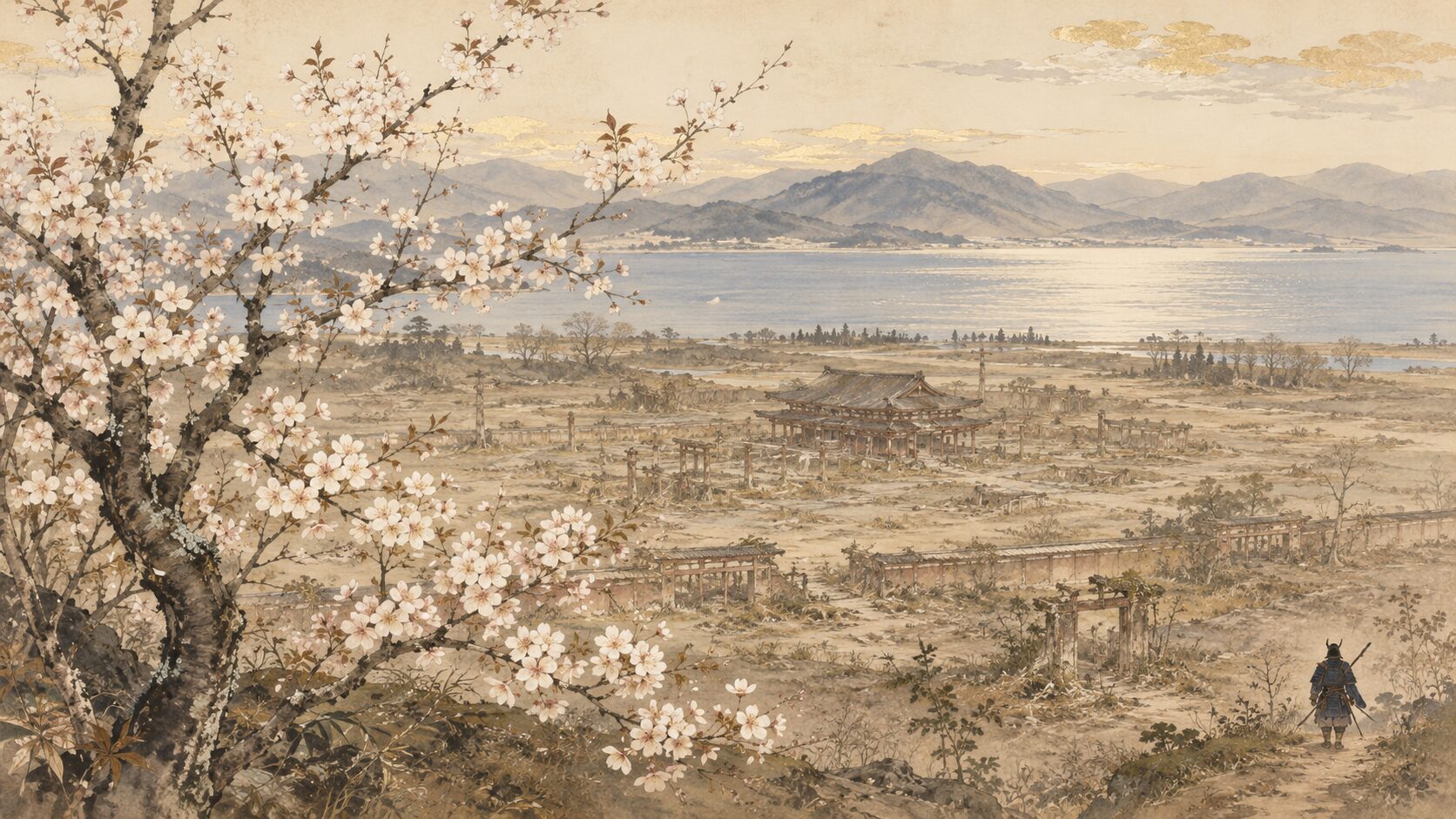 平忠度の和歌「さざなみや」に詠まれた志賀の都跡と山桜の和風イラスト