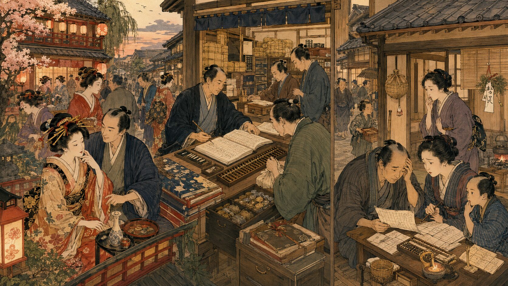 井原西鶴の代表作に描かれる恋と商売と町人生活の和風イラスト