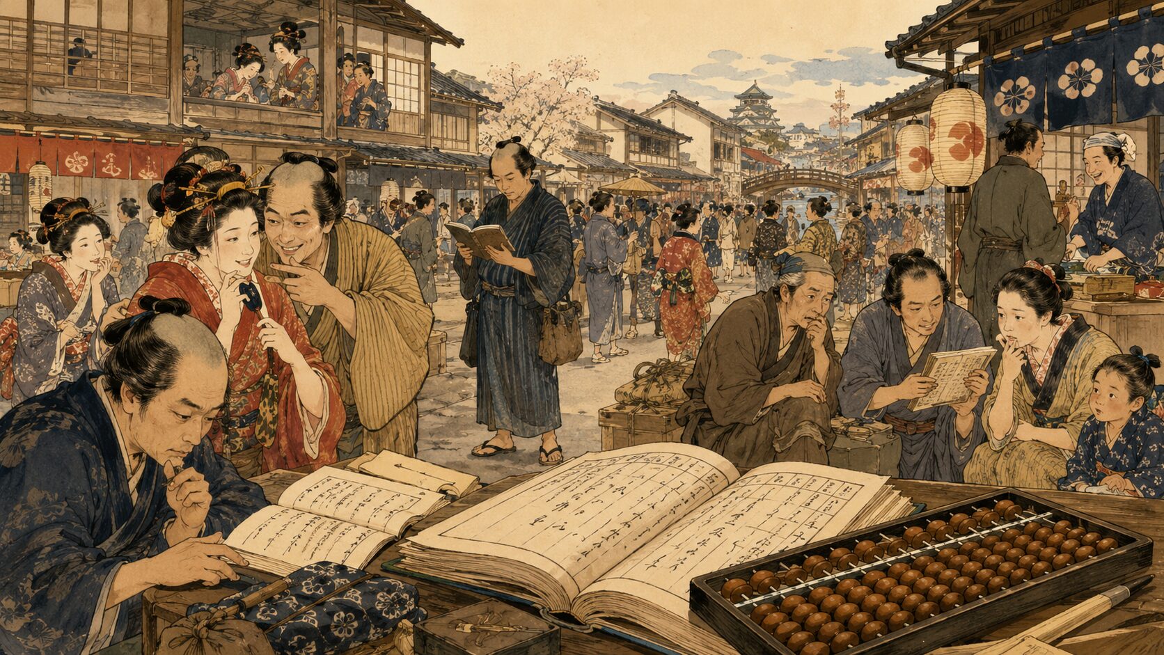 井原西鶴が描いた町人の恋やお金や世間のリアルを表す和風イラスト