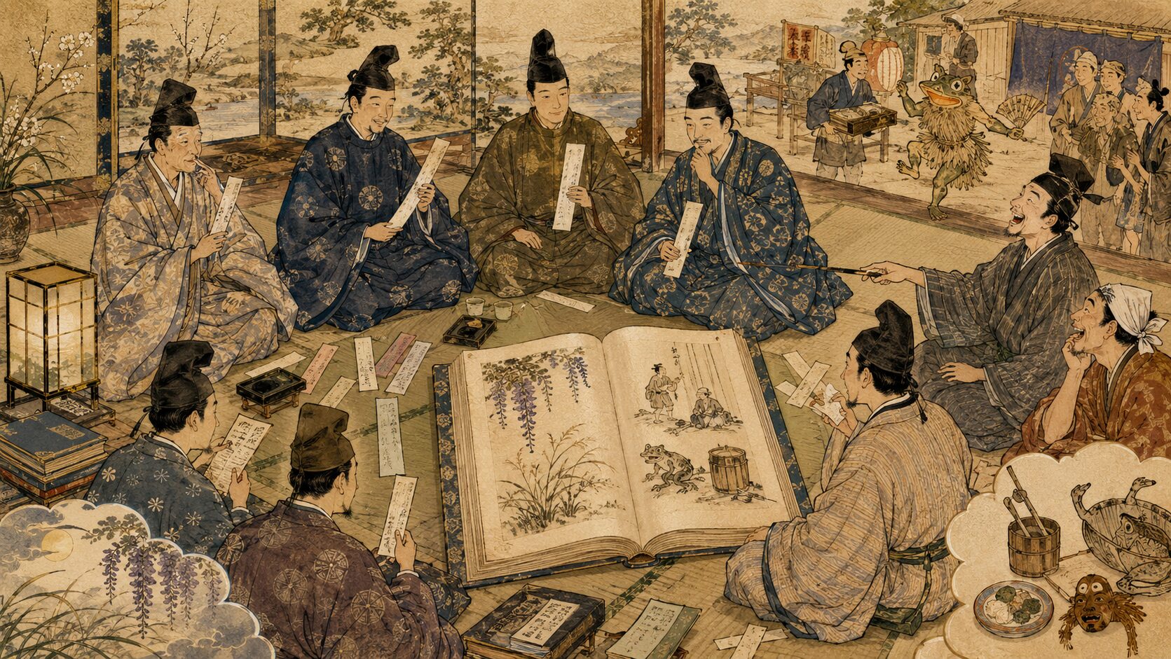 『新撰犬筑波集』と俳諧連歌の一座をイメージした和風イラスト