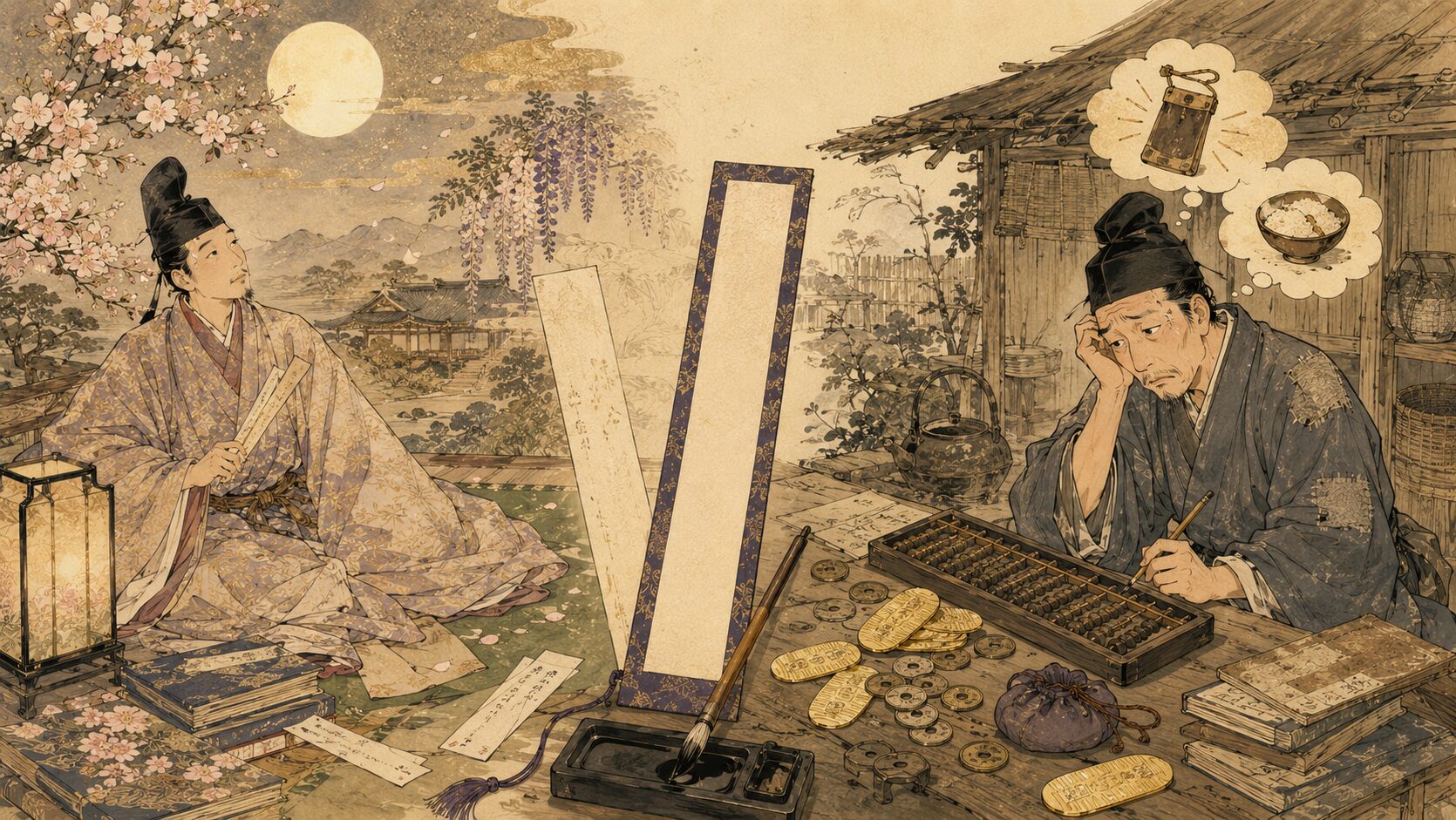 山崎宗鑑の俳諧に見られる雅な言葉と俗な本音の落差を表す和風イラスト