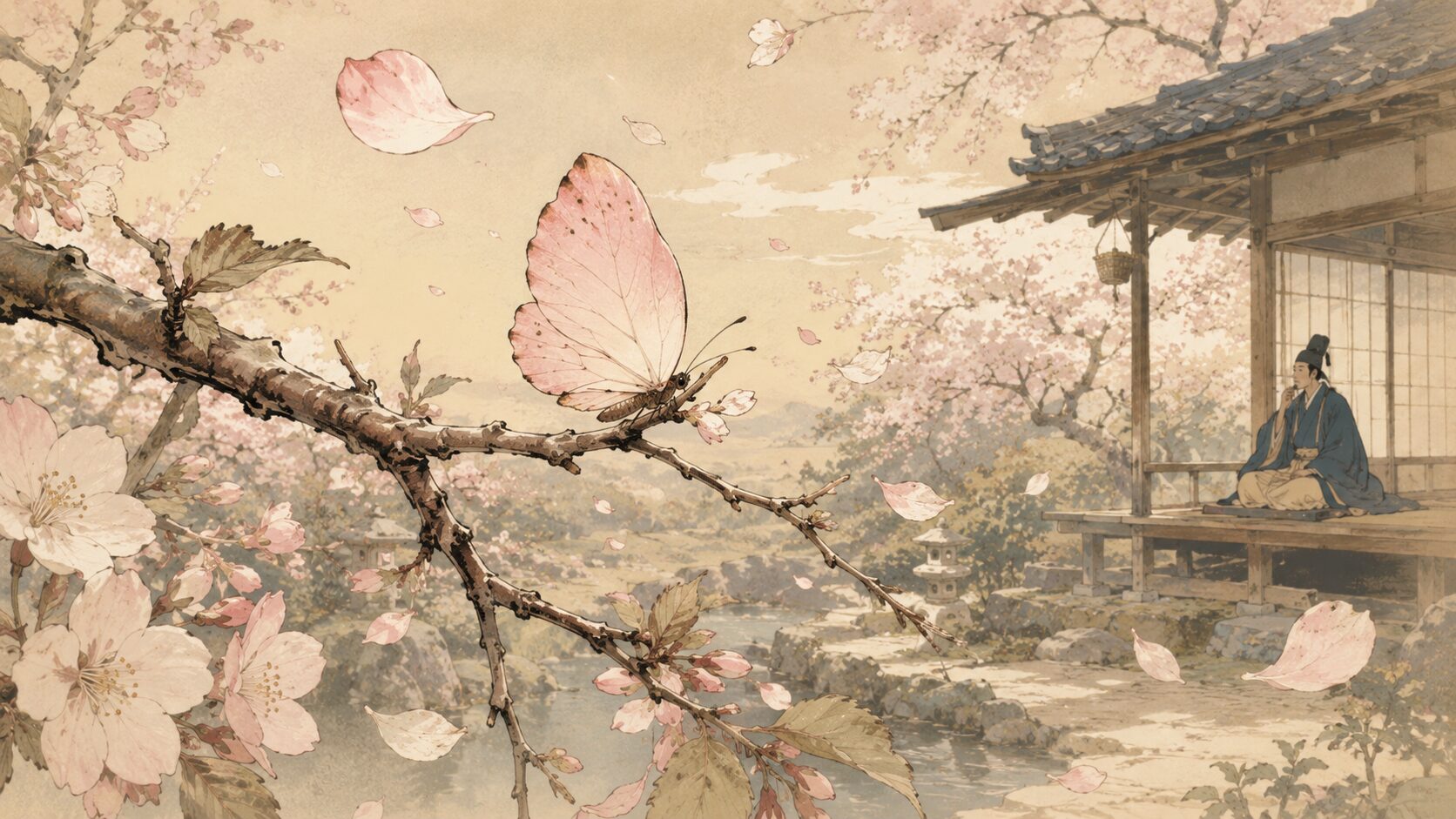 「落花枝にかへると見れば胡蝶かな」の見立てを表す桜と蝶の和風イラスト