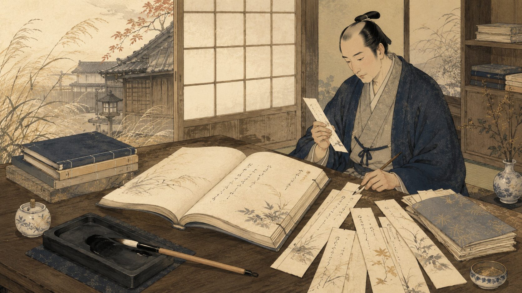 上島鬼貫の代表作と俳諧観をイメージした和綴じ本と短冊の和風イラスト