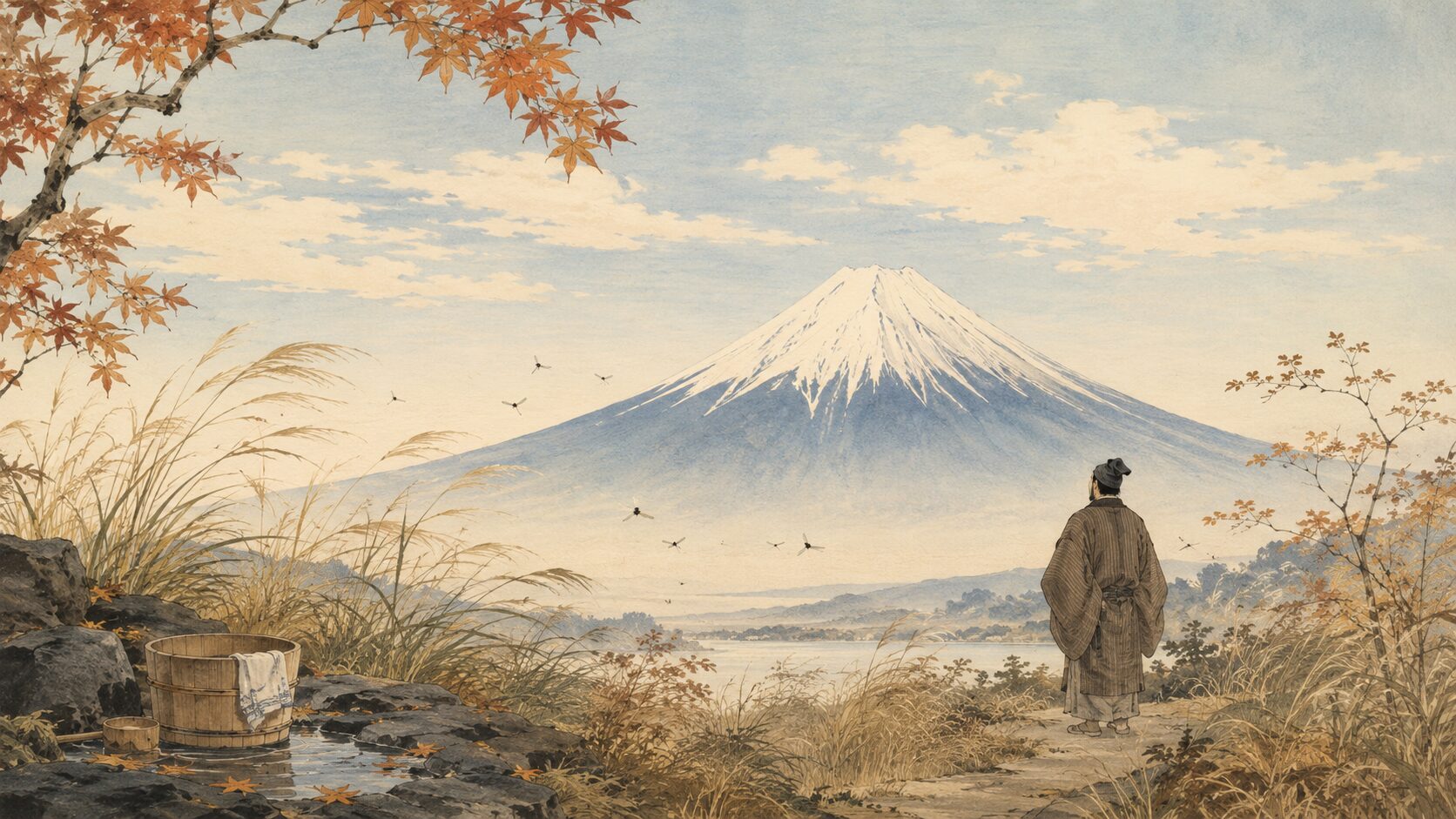 上島鬼貫の秋の俳句に詠まれた富士山と虫の声を表す和風イラスト