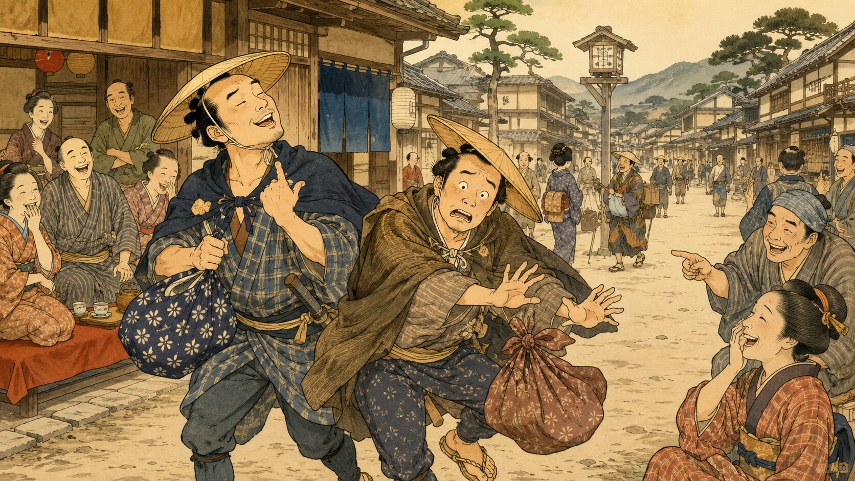 弥次さん喜多さんの東海道の珍道中を描いた和風イラスト