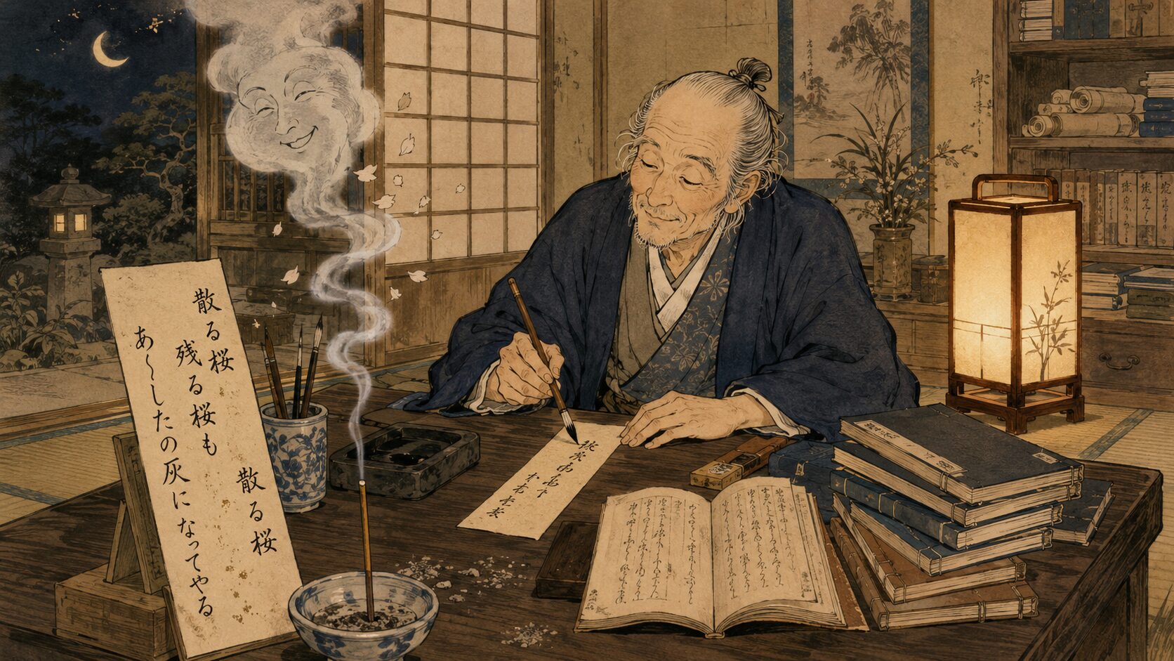 十返舎一九の辞世の句と洒落をイメージした江戸の書斎の和風イラスト