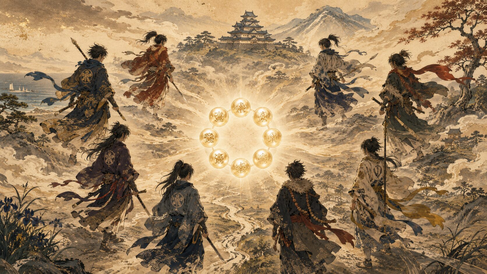 『南総里見八犬伝』の八犬士と八つの玉をイメージした和風イラスト