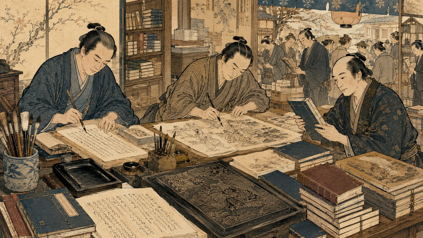 曲亭馬琴の読本を支えた江戸の作者・絵師・版元の出版文化を表す和風イラスト
