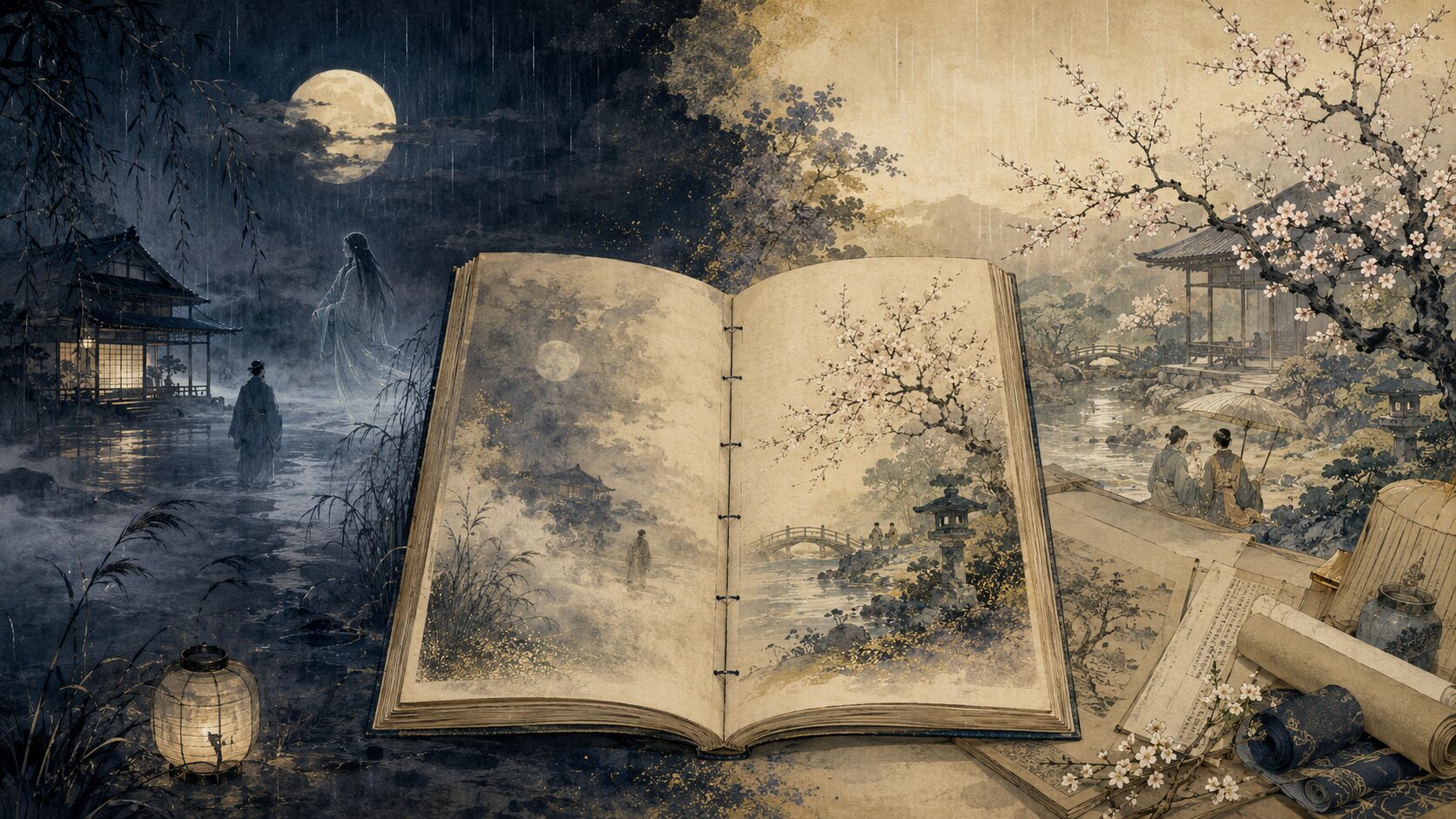 上田秋成の代表作『雨月物語』と『春雨物語』を表す和風イラスト
