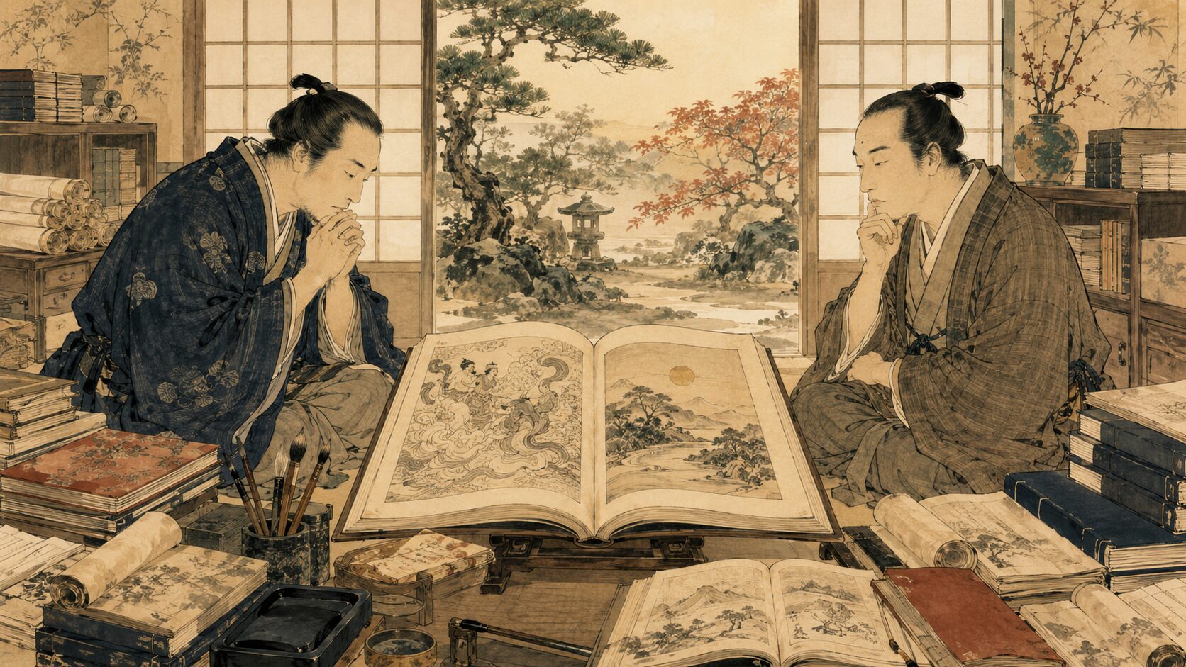 上田秋成と本居宣長の国学をめぐる考え方の違いを表す和風イラスト