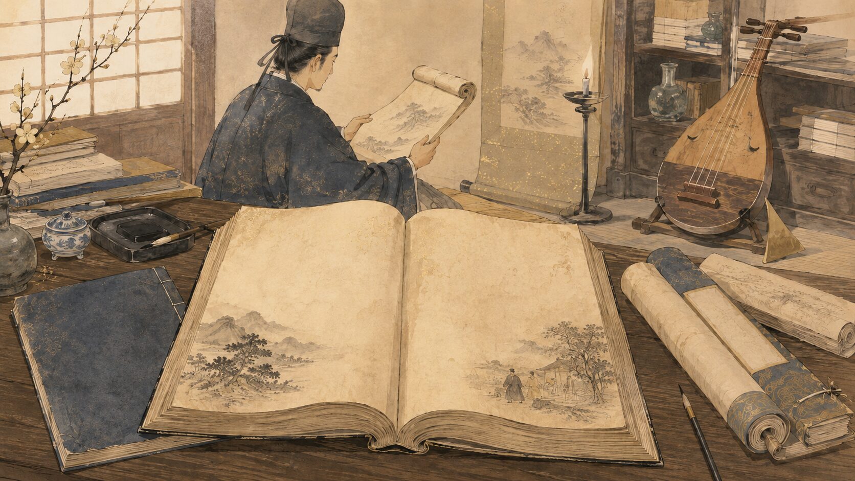 『徒然草』第226段から信濃前司行長の『平家物語』作者説を考える和風イラスト