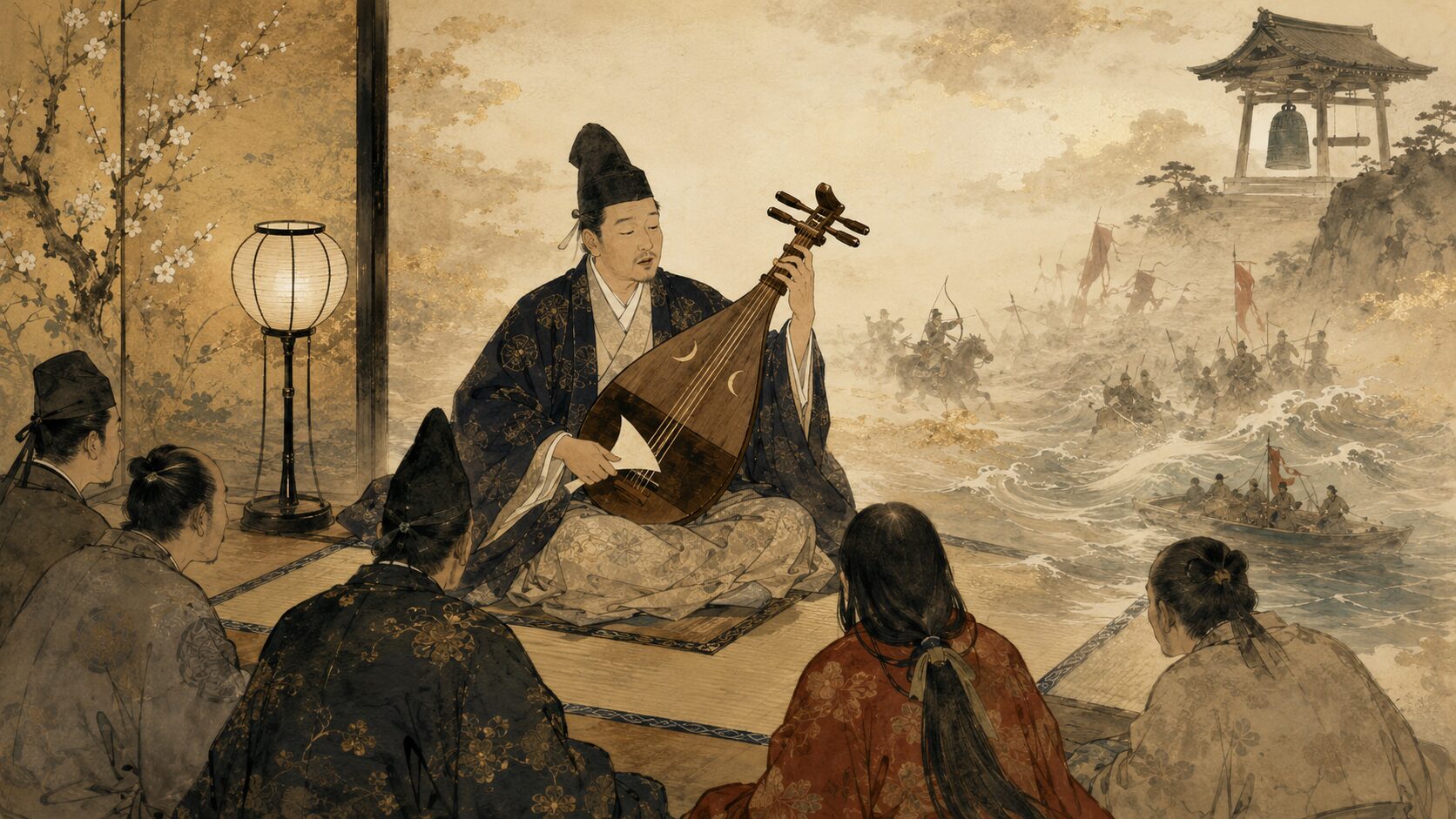 琵琶法師が『平家物語』を語る声の文学を表した和風イラスト