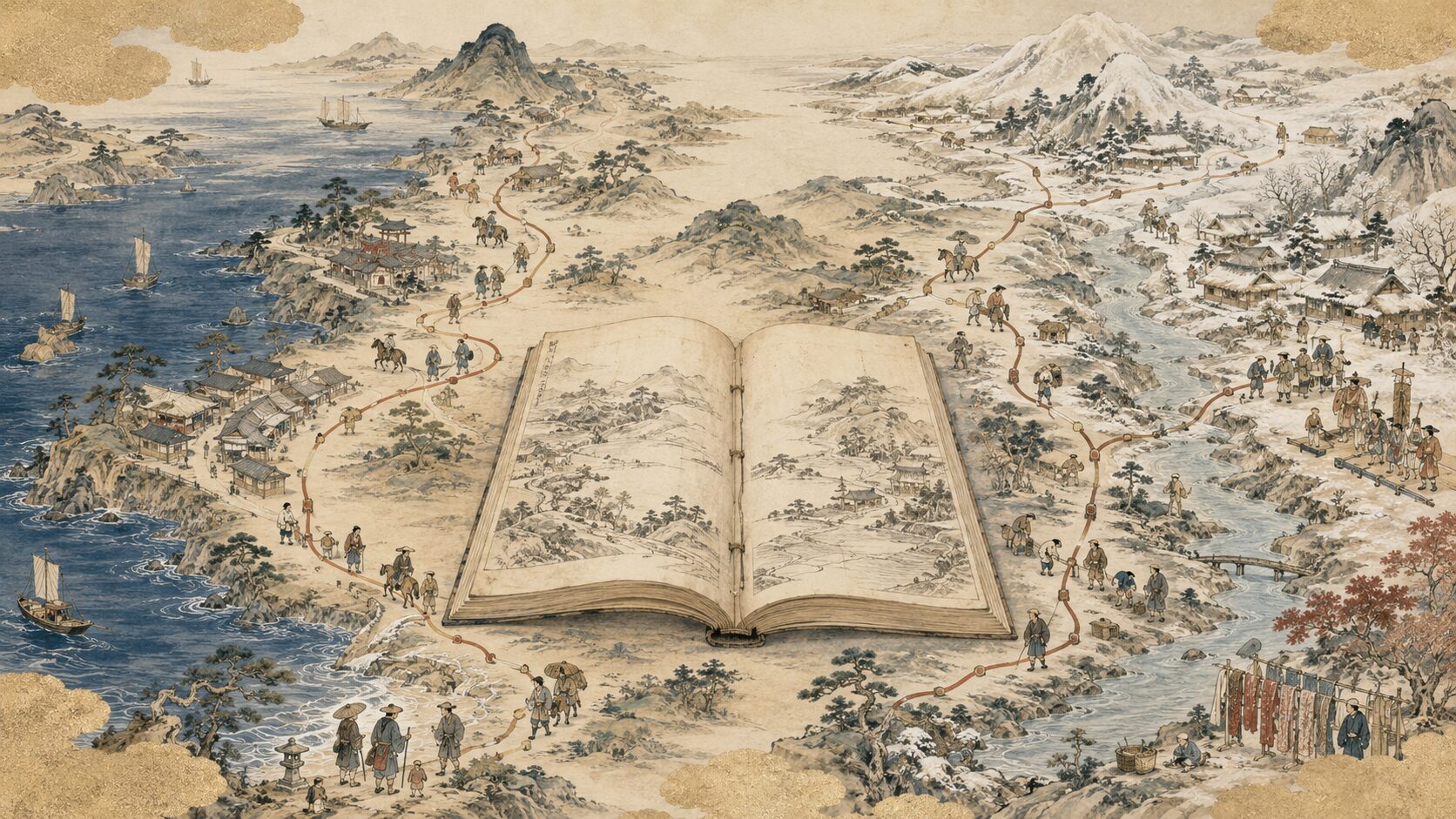 橘南谿の『西遊記』『東遊記』『東西遊記』の違いを表す和風イラスト