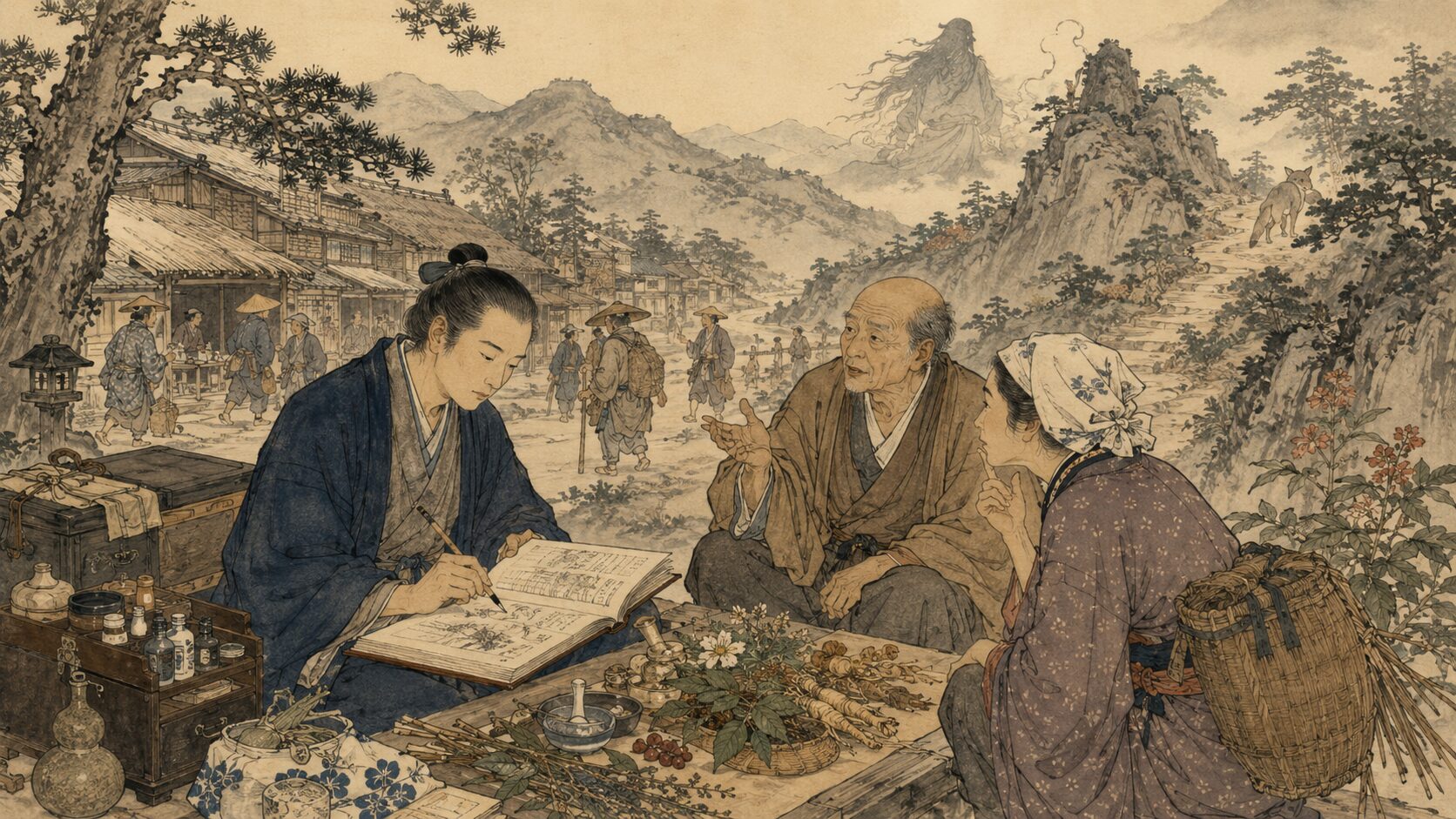 橘南谿が旅先の風俗や奇談を観察して記録する様子を表した和風イラスト