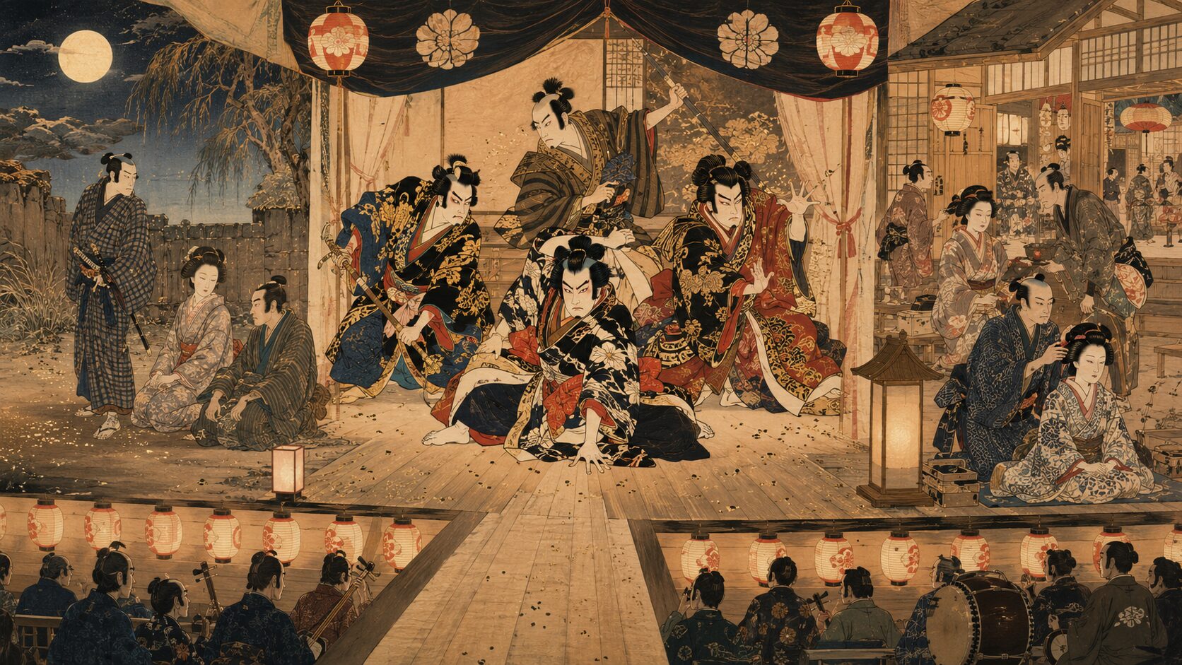河竹黙阿弥の白浪物や世話物の代表作を表す歌舞伎舞台の和風イラスト