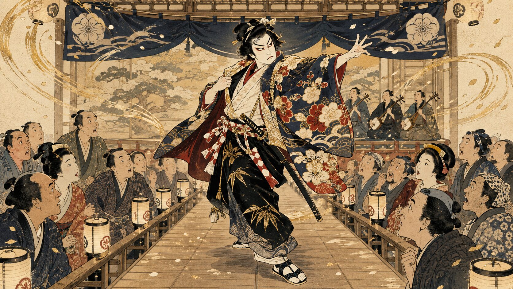河竹黙阿弥の七五調の名台詞と弁天小僧の名乗りを表す歌舞伎風イラスト