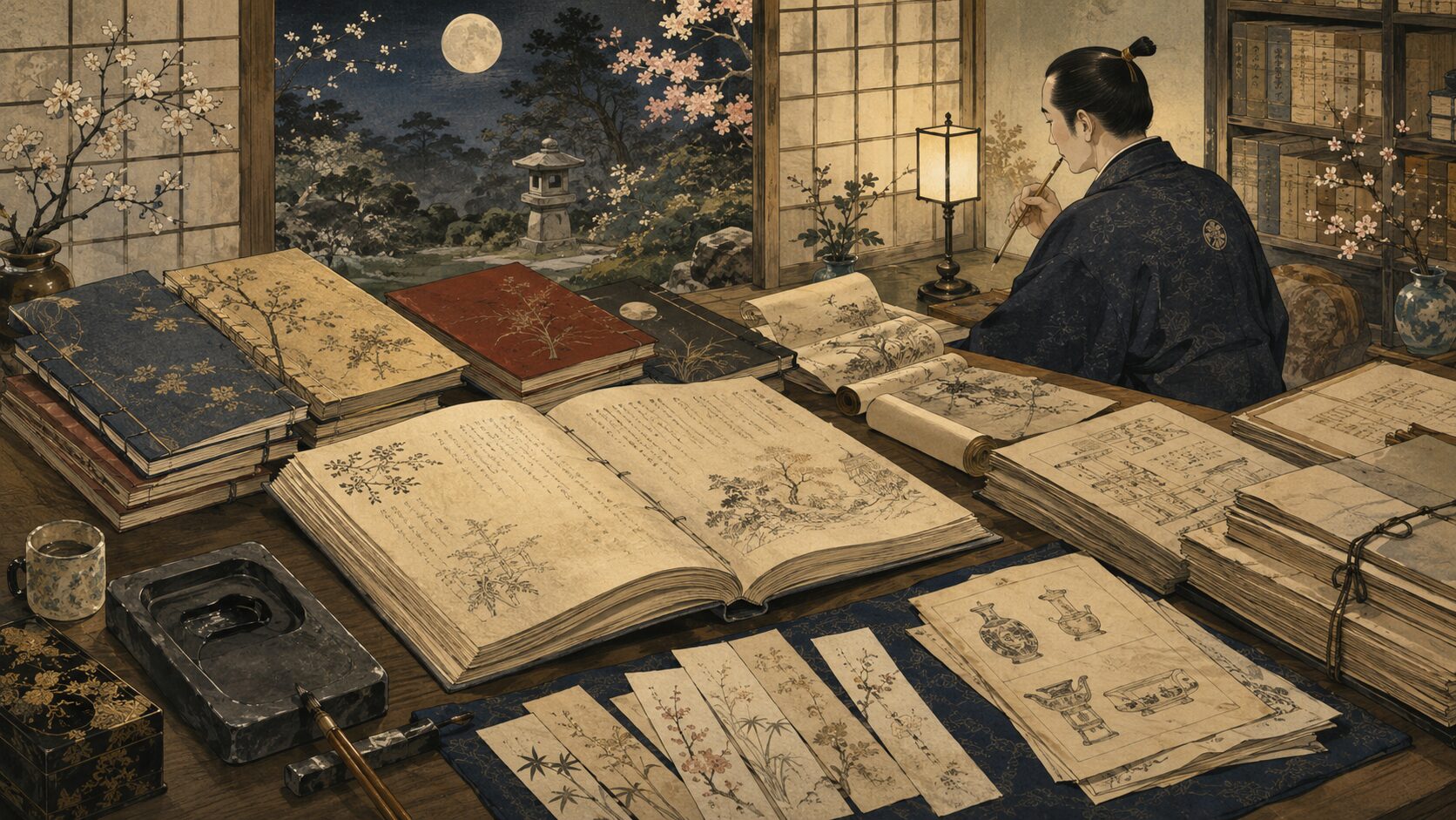松平定信の『宇下人言』『花月草紙』『花月日記』などの著作を表す和風イラスト