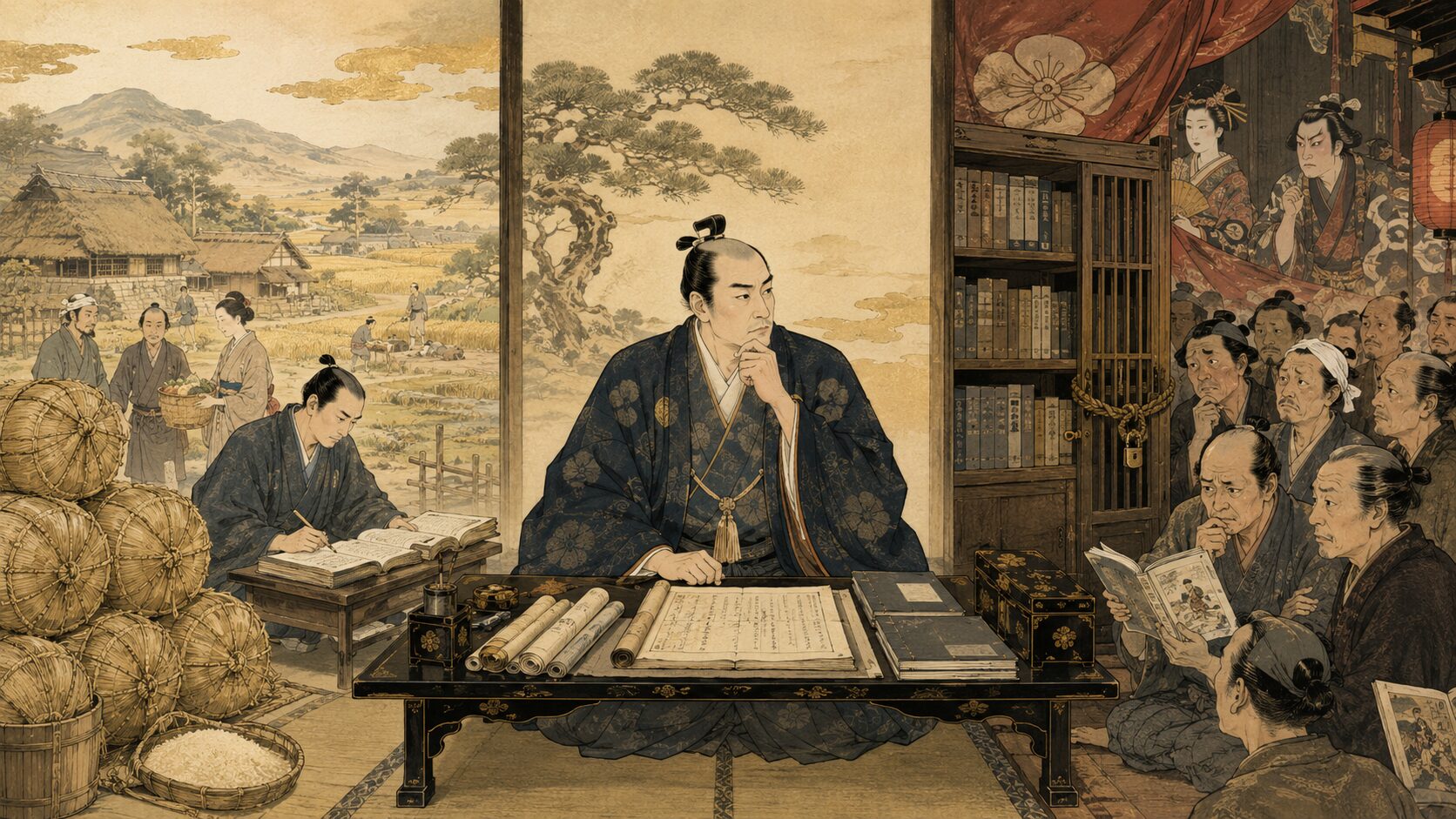 松平定信の寛政の改革における理想と統制の両面を表した和風イラスト