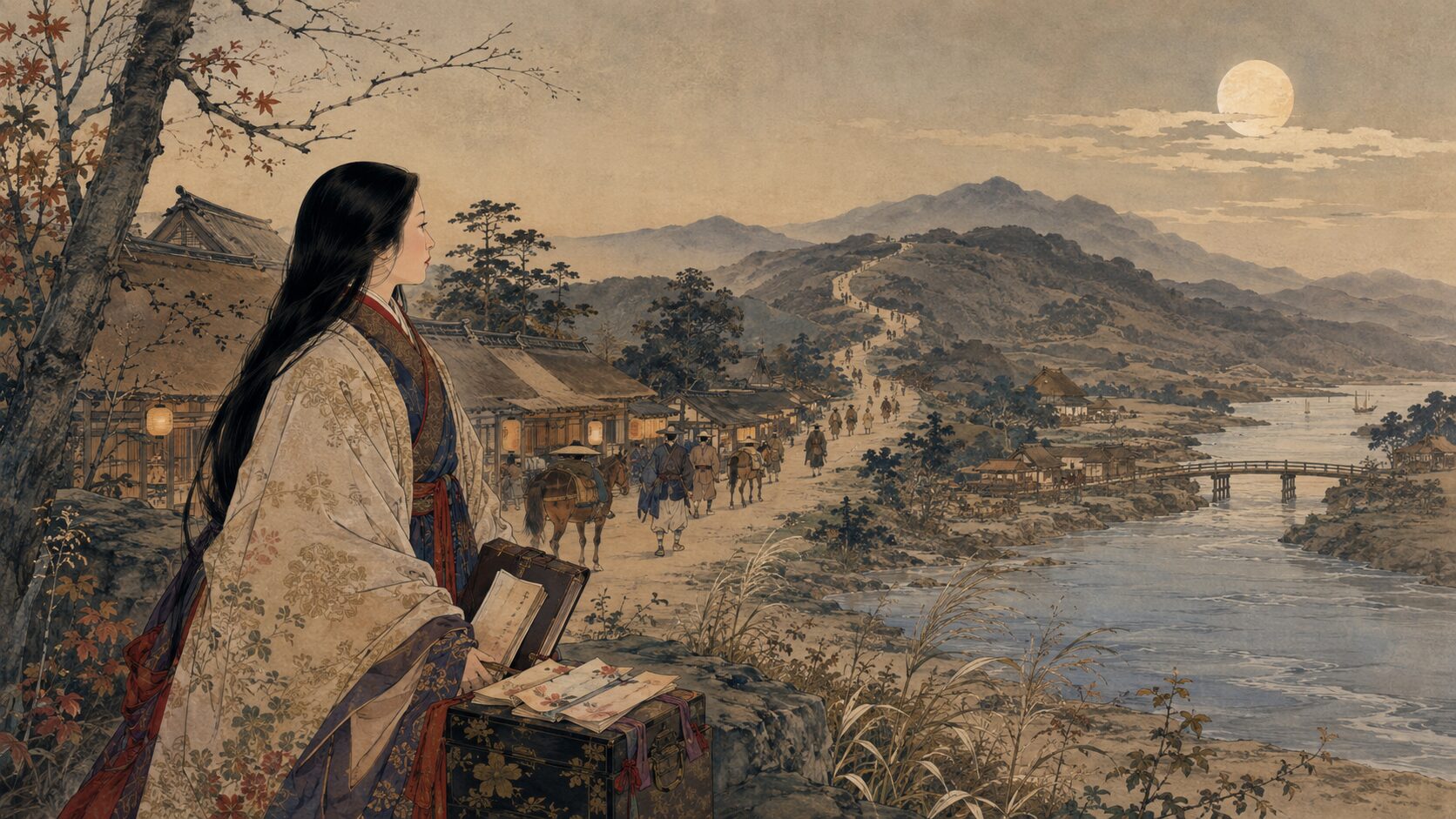 『十六夜日記』に描かれた阿仏尼の訴えの旅を表す和風イラスト