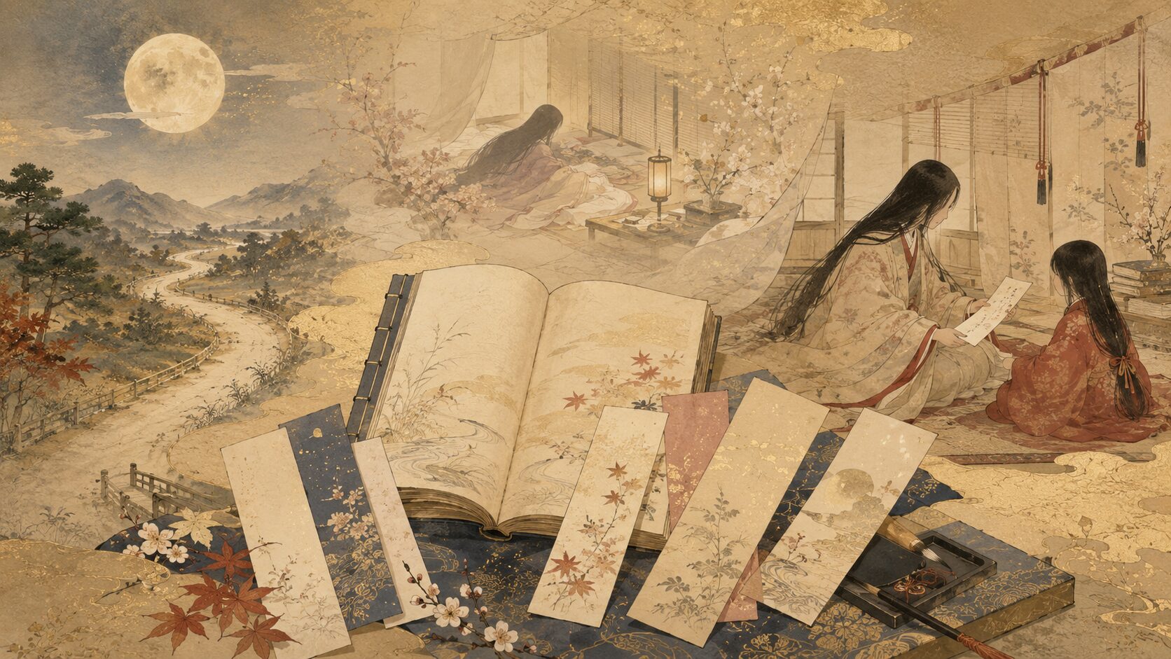 阿仏尼の『十六夜日記』『うたたね』『夜の鶴』に通じる旅と和歌の世界を表す和風イラスト