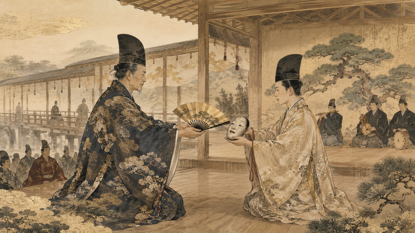 観阿弥から世阿弥へ能の芸が受け継がれる様子を表した和風イラスト