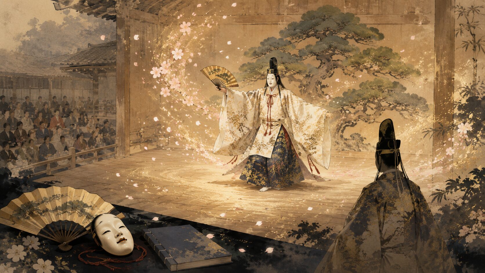 世阿弥の「花」と「離見の見」を能舞台で表した和風イラスト