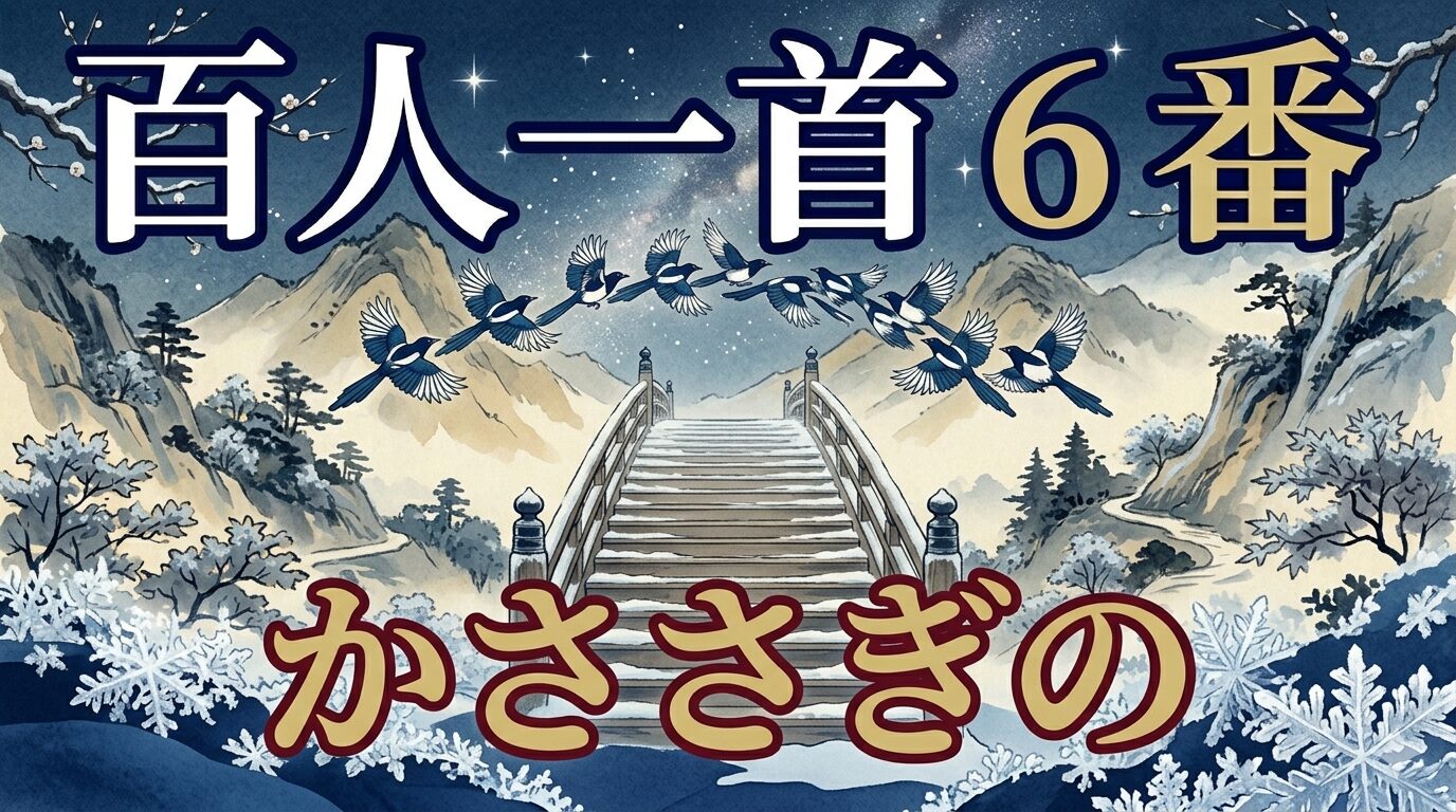 百人一首6番「かささぎの」を象徴するかささぎの橋と白い霜の和風イラスト
