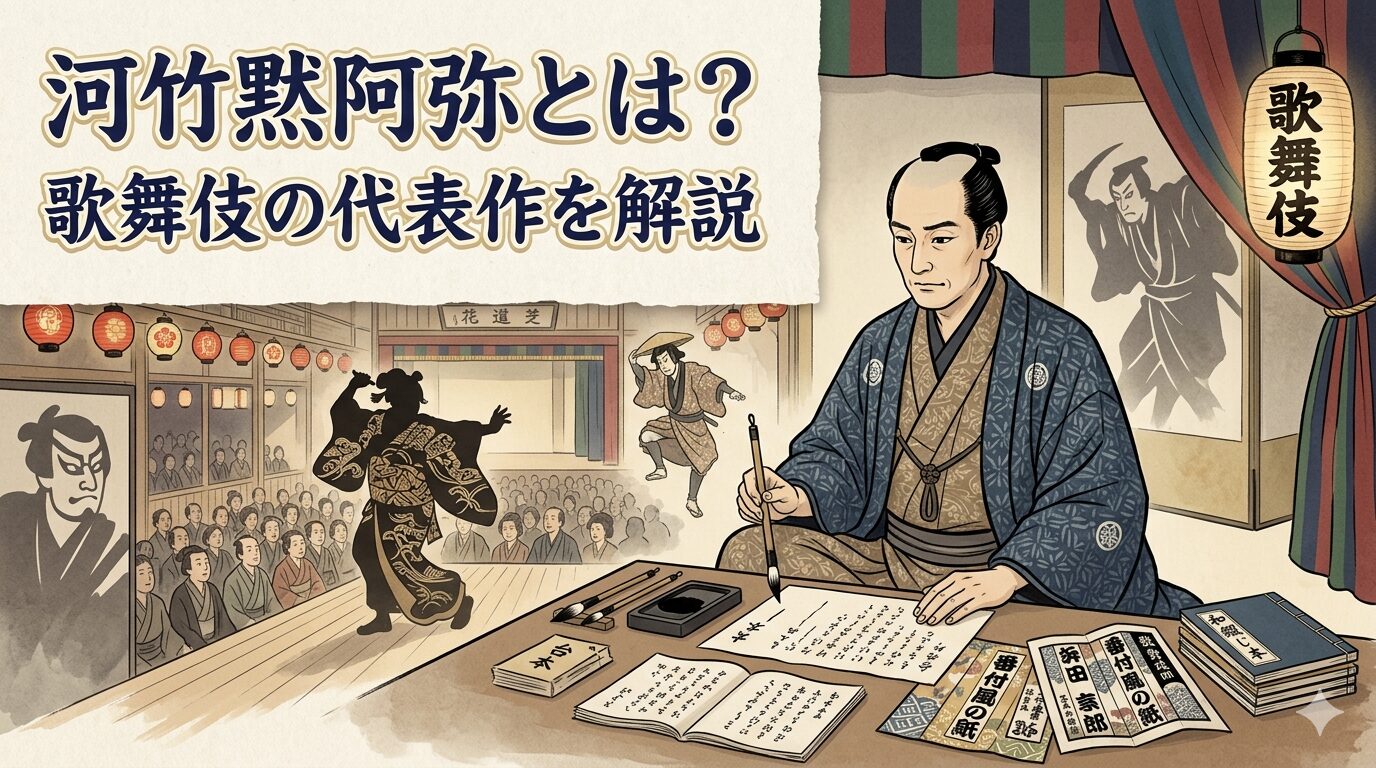 河竹黙阿弥と江戸歌舞伎の世界を表した和風イラスト