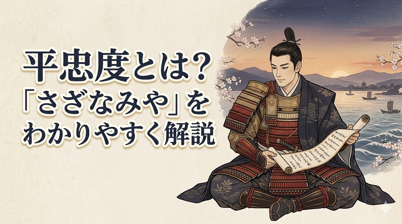 平忠度の武将と歌人の姿を表した平家物語風の和風イラスト