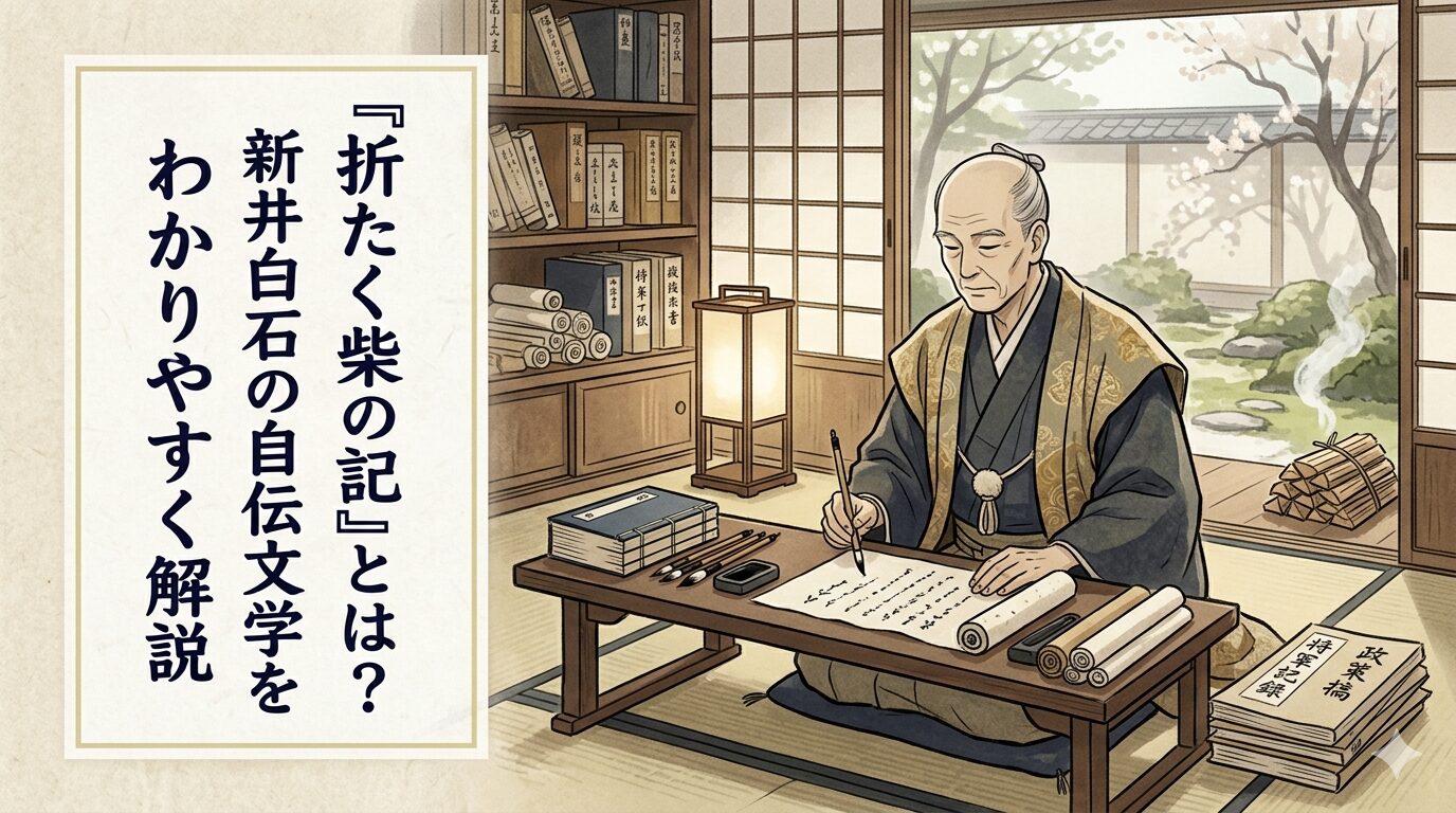 『折たく柴の記』を執筆する新井白石をイメージした和風イラスト
