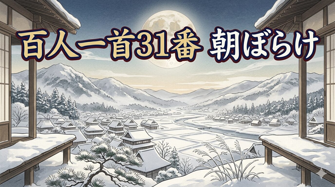百人一首31番「朝ぼらけ」を象徴する吉野の白雪と有明の月の和風イラスト