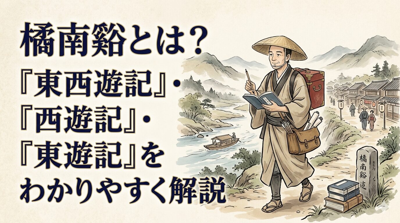 橘南谿と『東西遊記』の旅を表した江戸時代の和風イラスト