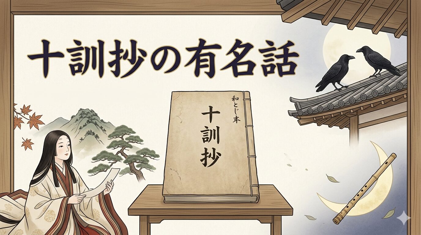 『十訓抄』の有名な話である大江山・二羽のカラス・葉二つを表す和風イラスト