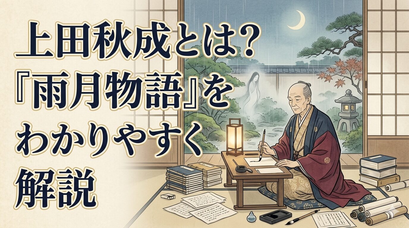 上田秋成と『雨月物語』の怪異文学を表した和風イラスト