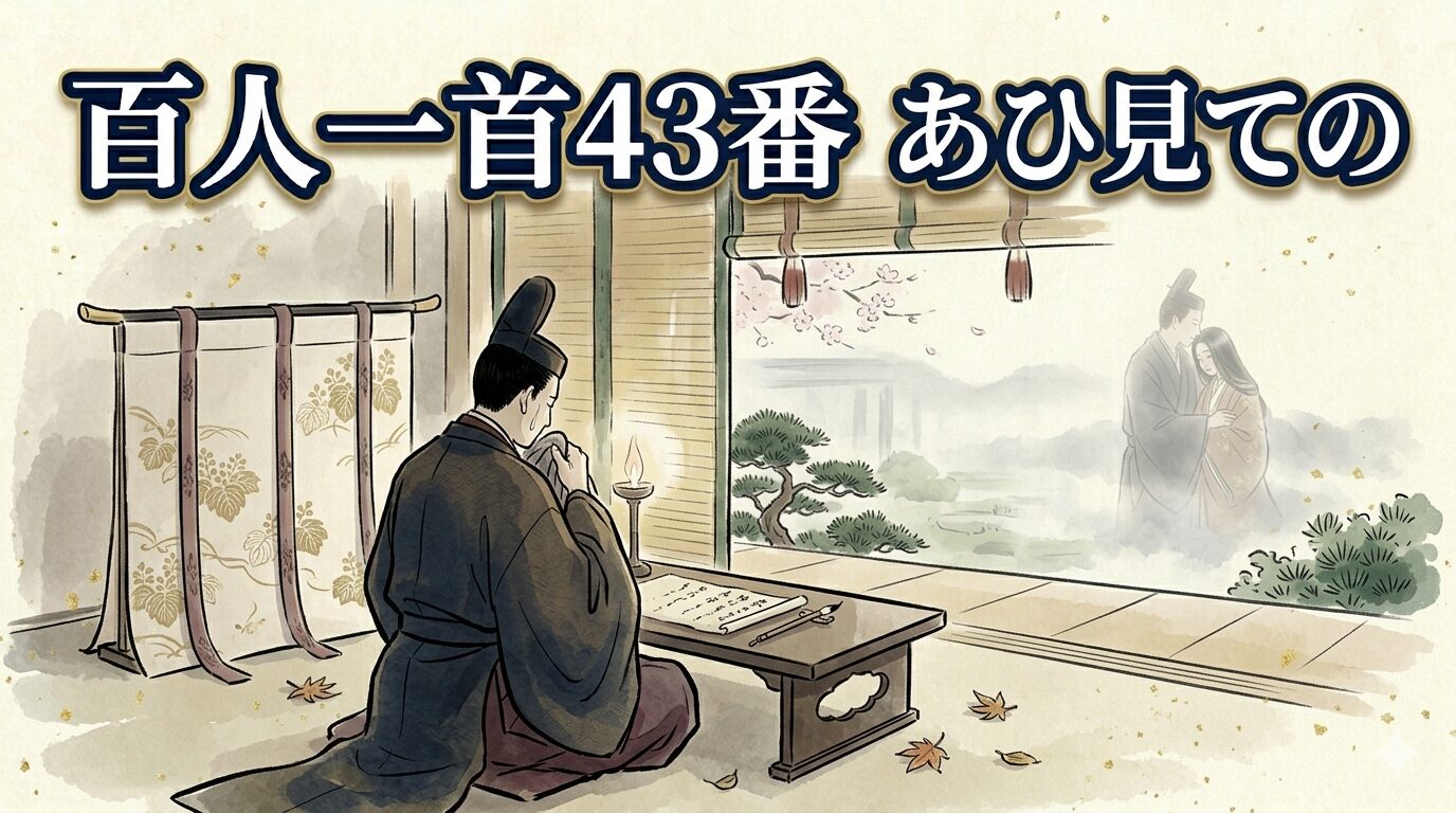 百人一首43番「あひ見ての」を象徴する逢瀬の後に深まる恋心の和風イラスト