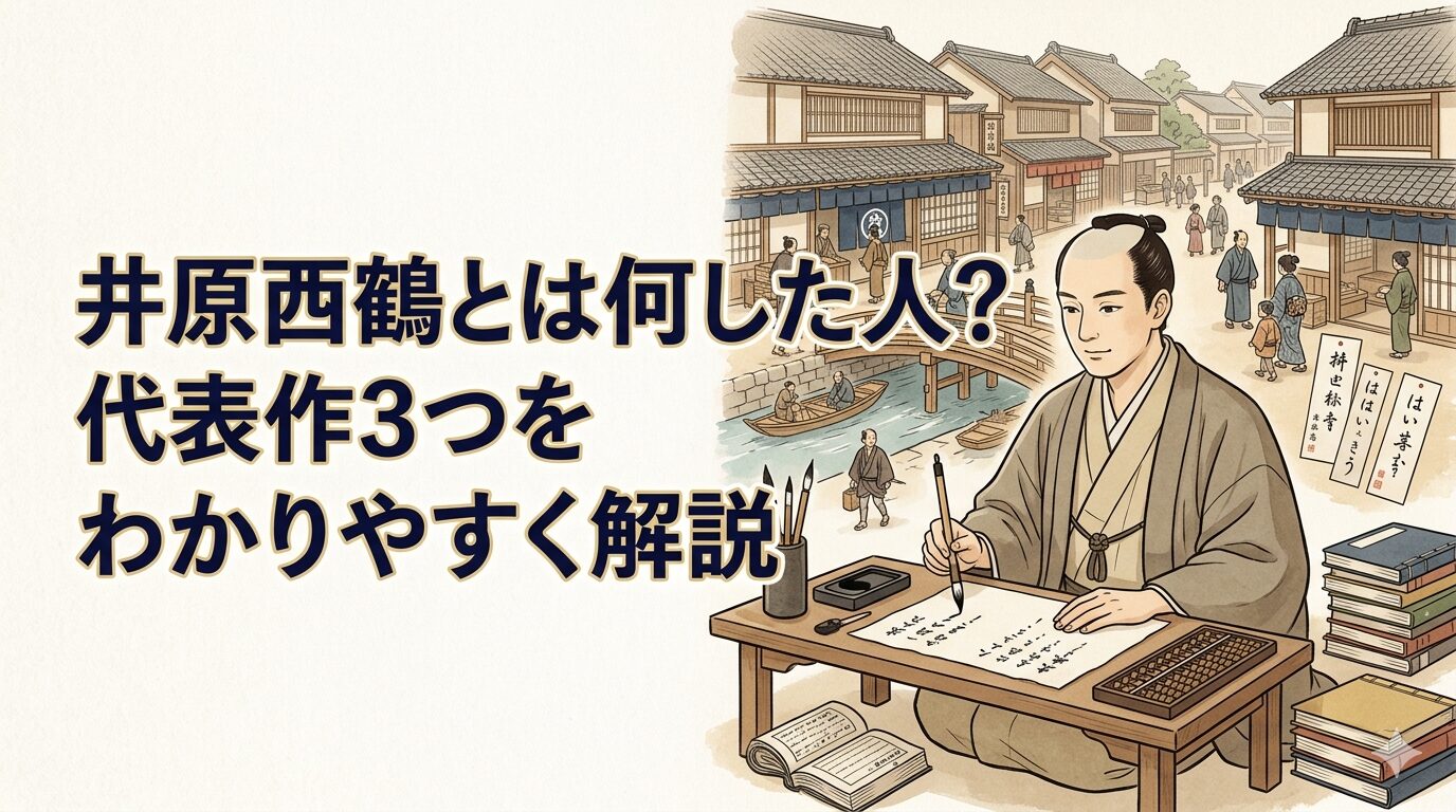 井原西鶴と元禄時代の町人文化を表した和風イラスト