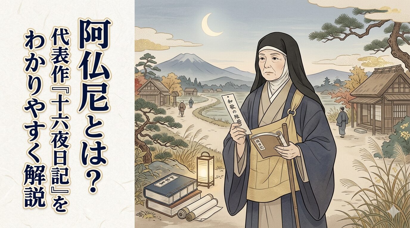 阿仏尼と『十六夜日記』の京都から鎌倉への旅を表した和風イラスト
