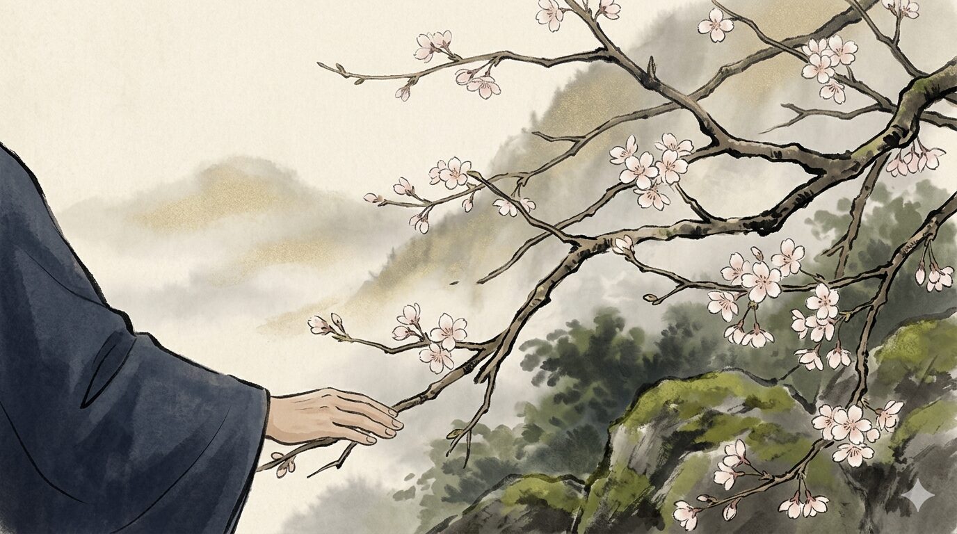 画像生成プロンプト

width 1672px、height 941px、横長16:9構図。
「もろともに」に込められた、山桜へ「私と一緒にあはれと思ってくれ」と呼びかける孤独を視覚化した和風イラスト。画面手前に、山桜の枝と花を大きく描き、花びらの向こう側に、僧侶風の人物の袖元や手元だけを控えめに入れる。人物の顔や全身は描かず、山桜に向かって静かに語りかけている気配だけを表現する。

背景には、人のいない山中、淡い霞、苔むした岩をぼかして入れる。山桜は単なる風景ではなく、孤独な心を受け止めてくれる相手のように見えるよう、枝が人物のほうへ少し差し出されている構図にする。ただし擬人化しすぎず、花に顔や表情は描かない。

アイキャッチとは違い、山全体の大景ではなく、山桜の花・袖元・静かな余白の近景を主役にする。「あはれ」「知る人もなし」のしみじみした孤独が、説明図ではなく自然な物の距離感で伝わるようにする。色味は生成り、薄茶、墨、淡い金、桜の白桃色、苔の緑、落ち着いた紺を基調にした、しっとりした和風イラスト調。記事中画像なので文字は入れない。ロゴ、企業名、実在サービス名、写真風表現は入れない。

altタグ

山桜にあはれと思ってほしい孤独を花と袖元で表した百人一首66番の和風イラスト