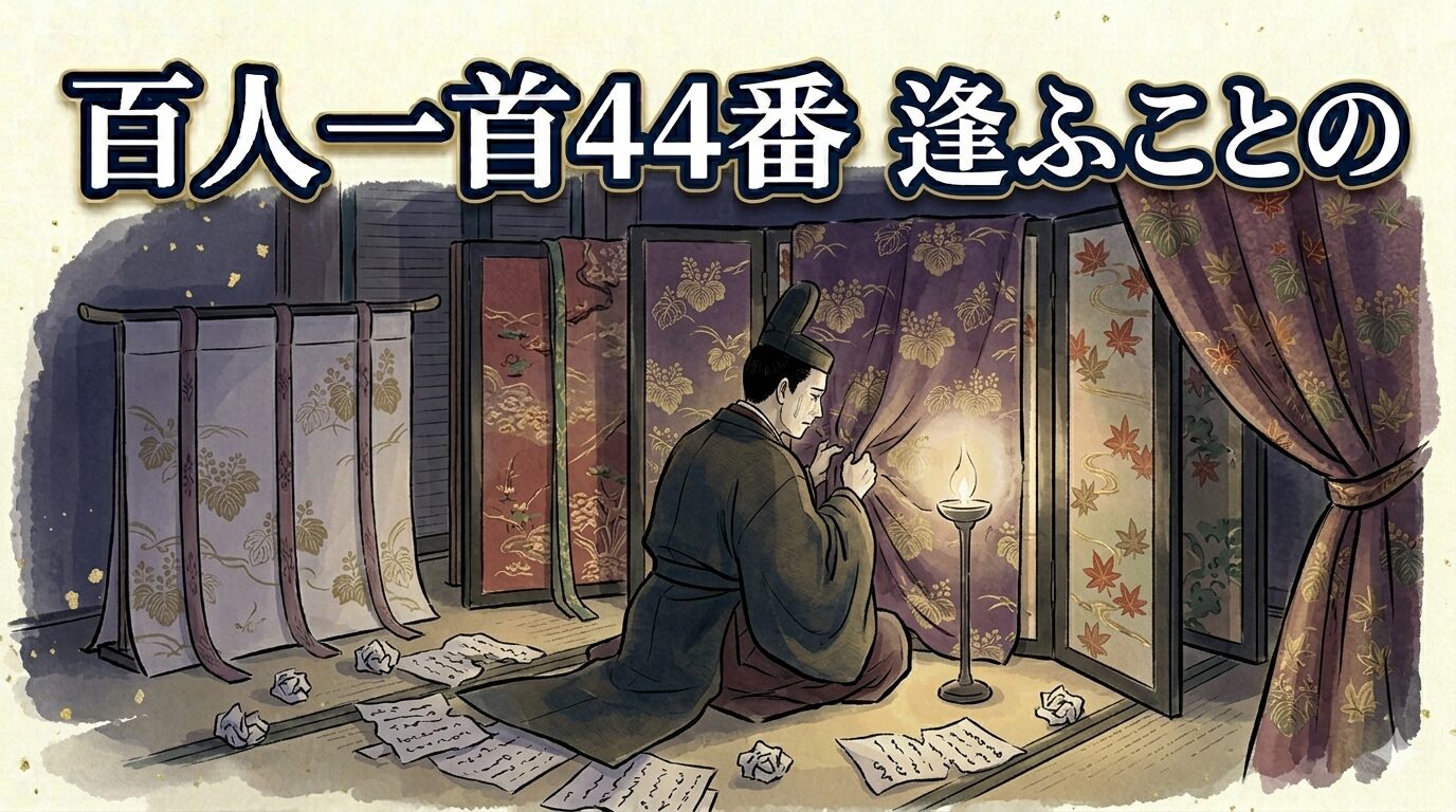 百人一首44番「逢ふことの」を象徴する逢瀬の記憶と恋の恨みの和風イラスト