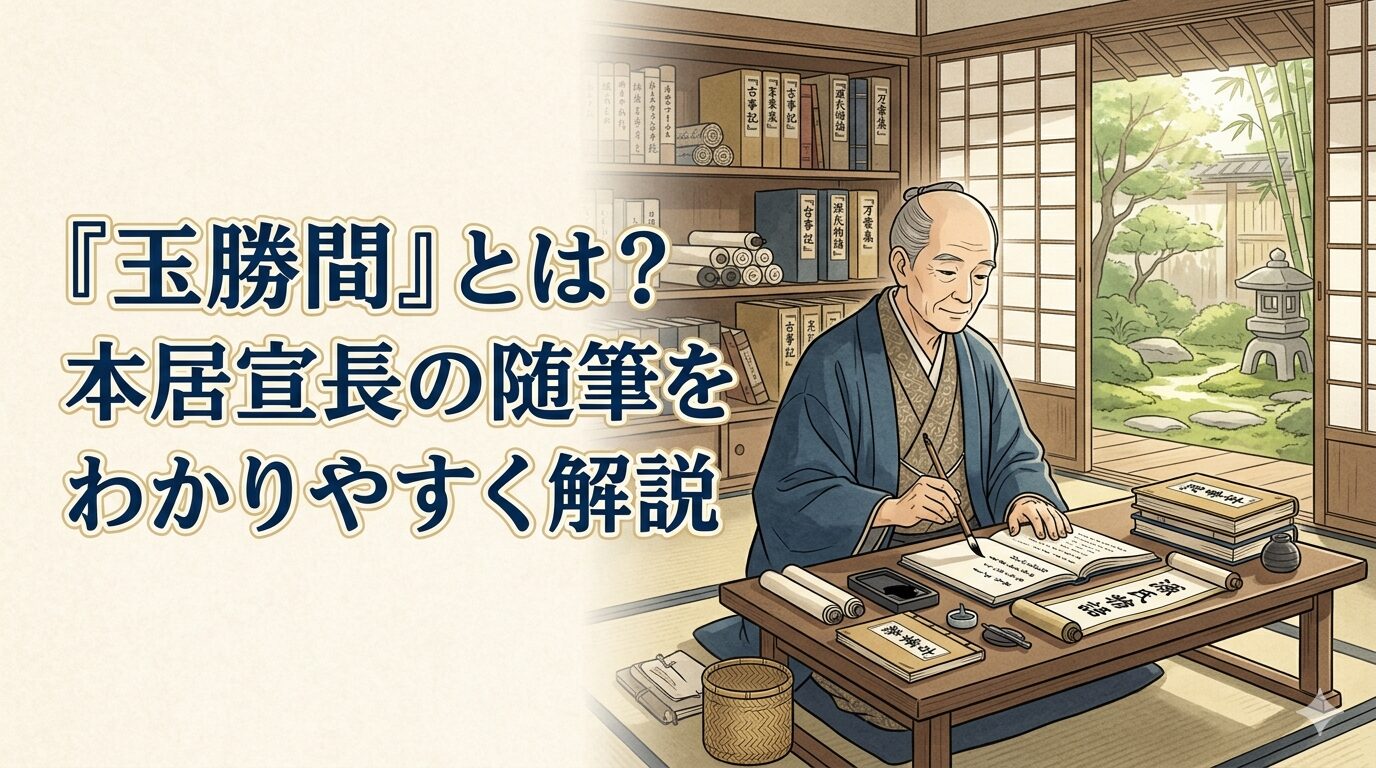 『玉勝間』を読む本居宣長風の文人と古典研究を表す和風イラスト