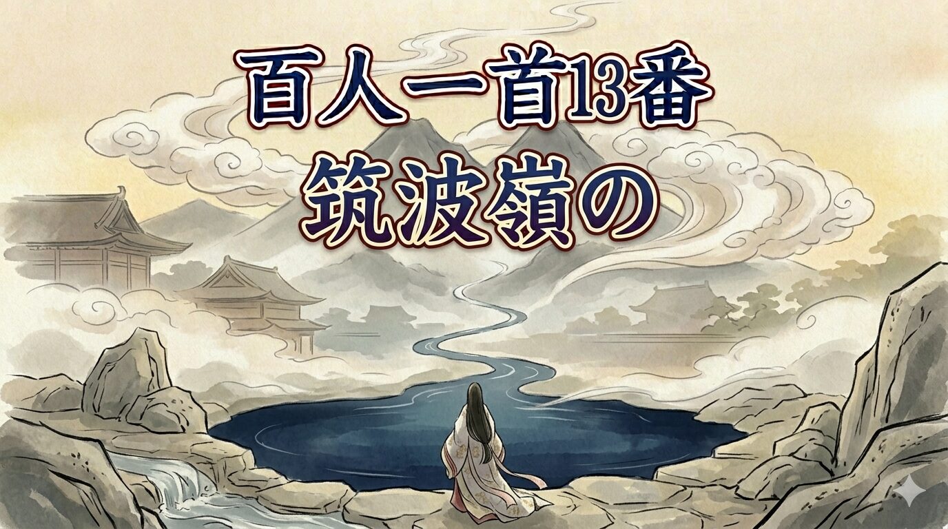 百人一首13番「筑波嶺の」を象徴する筑波山と深い淵の和風イラスト