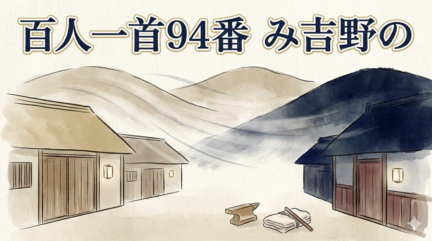 百人一首94番「み吉野の」と吉野の秋風に衣打つ音を描いた和風イラスト