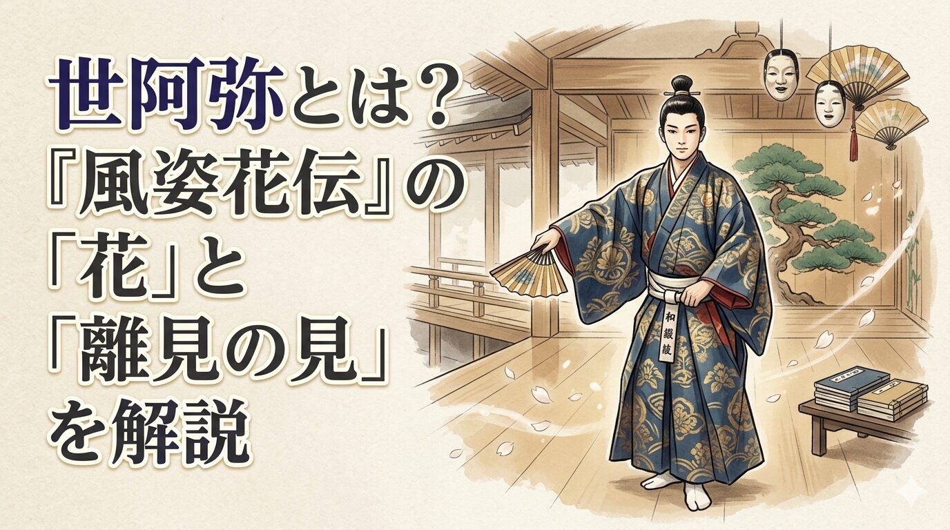 世阿弥と能舞台、『風姿花伝』の花をイメージした和風イラスト