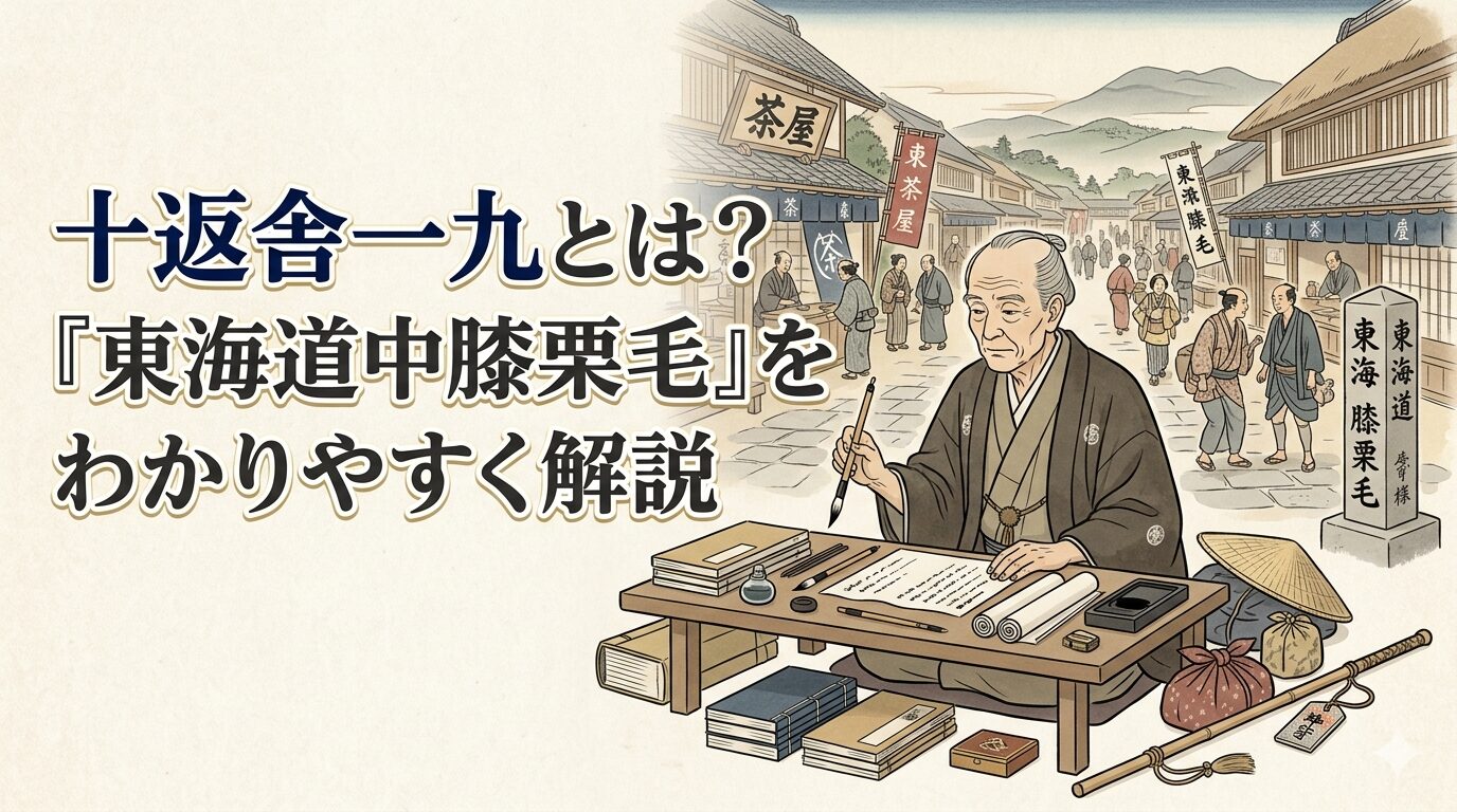 十返舎一九と『東海道中膝栗毛』の旅を表した江戸風イラスト