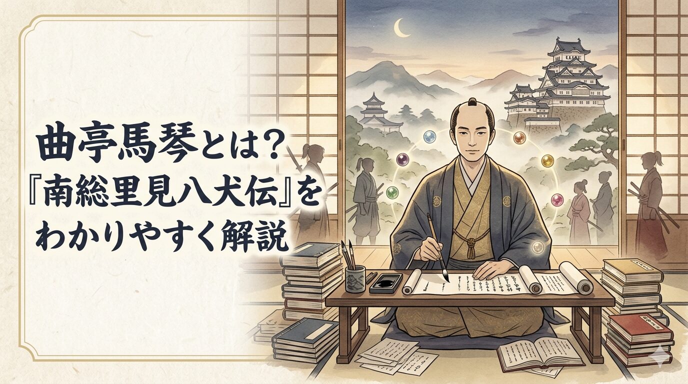 曲亭馬琴と『南総里見八犬伝』の世界を表した和風イラスト