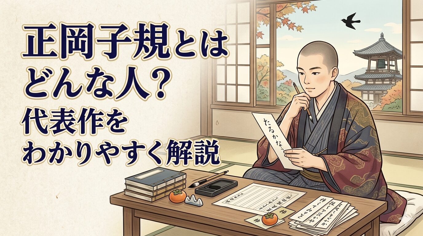 正岡子規と俳句革新を表した明治文学風の和風イラスト