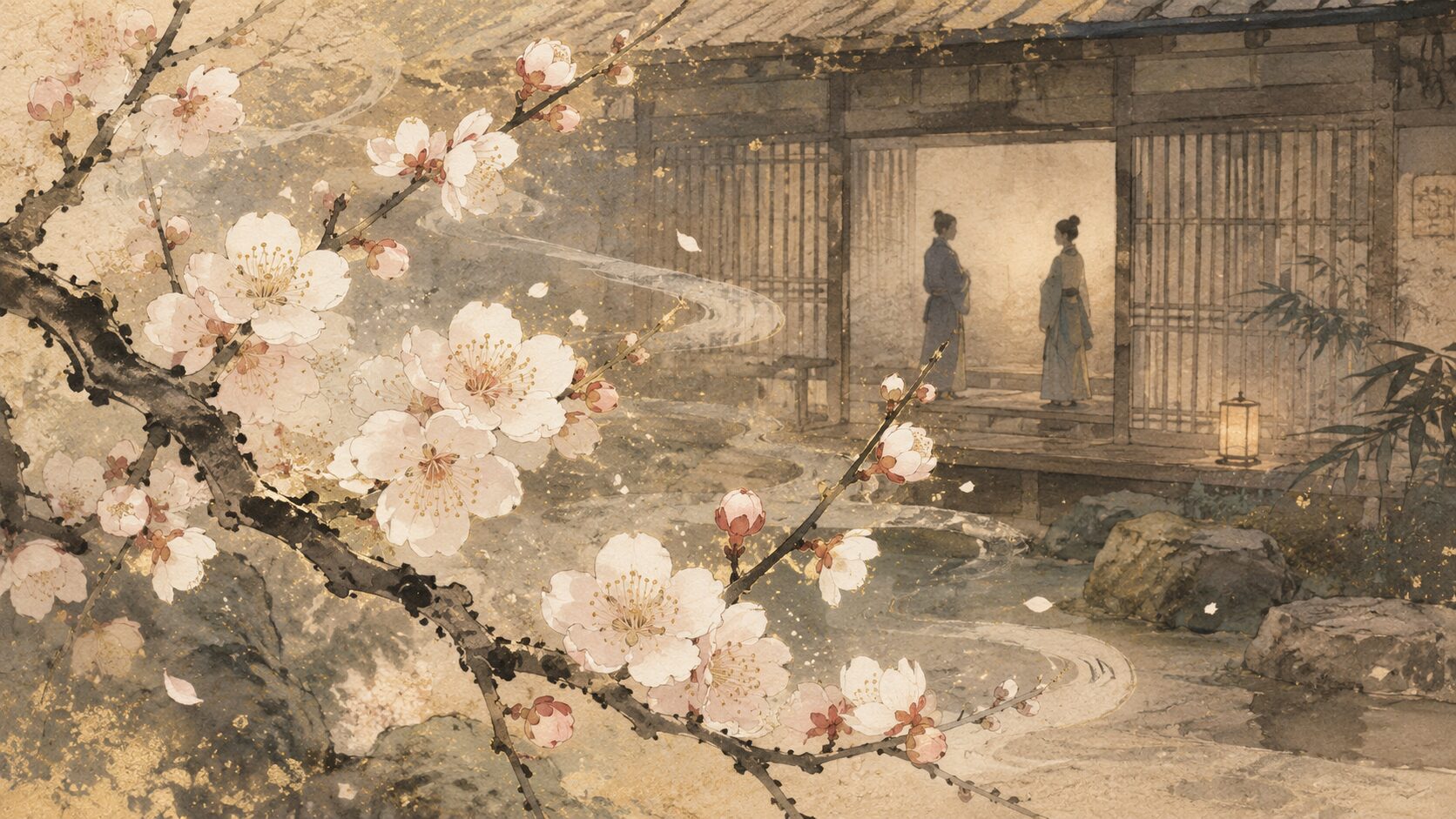 昔なじみの宿で梅の香と人の心の変わらなさを対比した和風イラスト